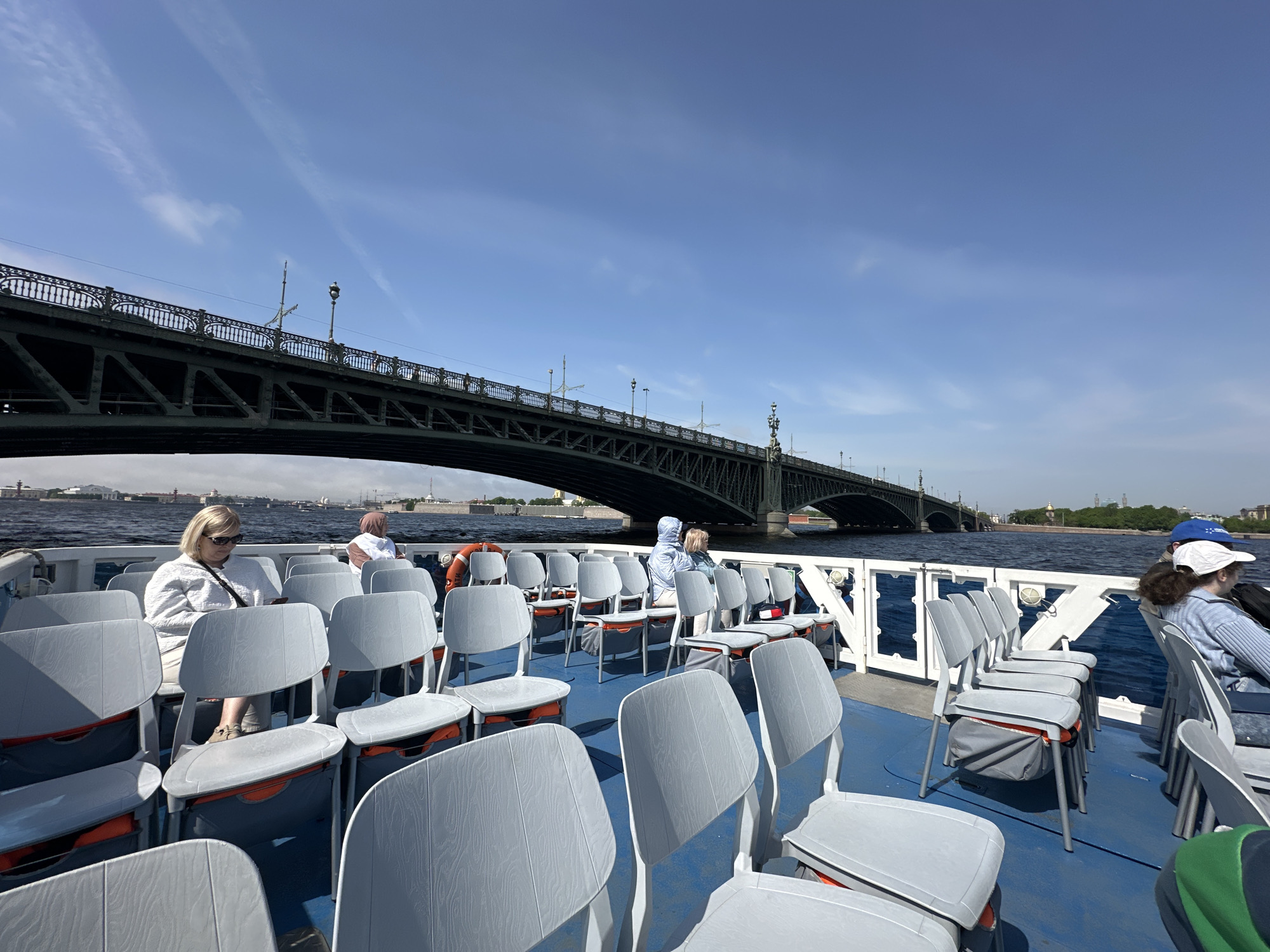 Tourist boat cruise captures morning views of Saint Petersburg landmarks