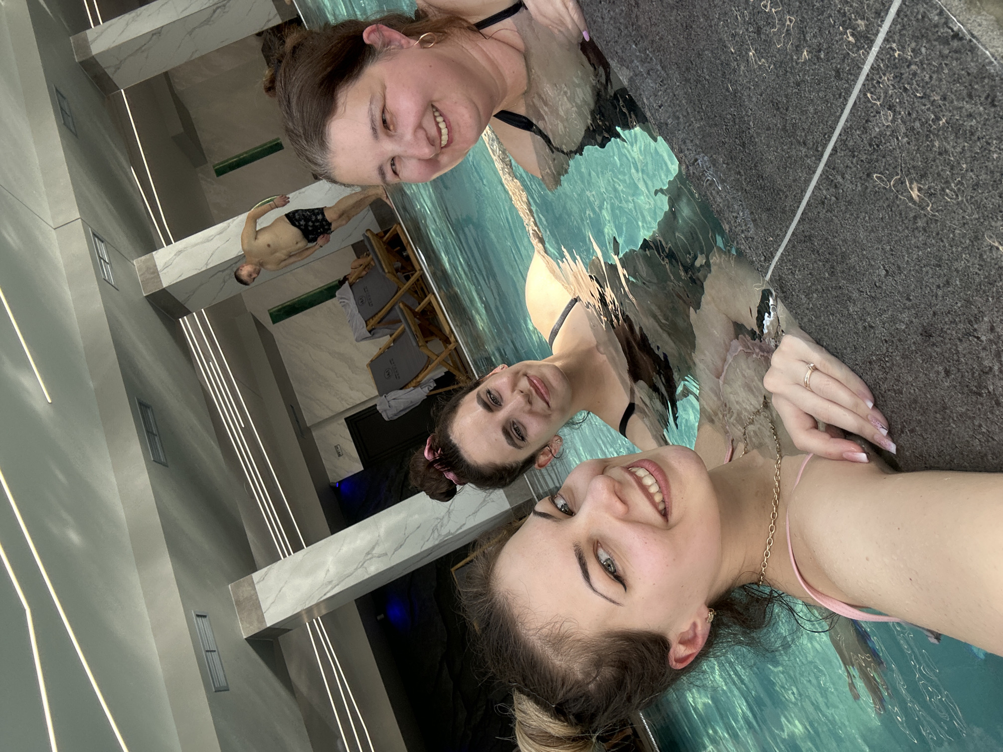 Women enjoy pool time in Sarnitsa, Bulgaria