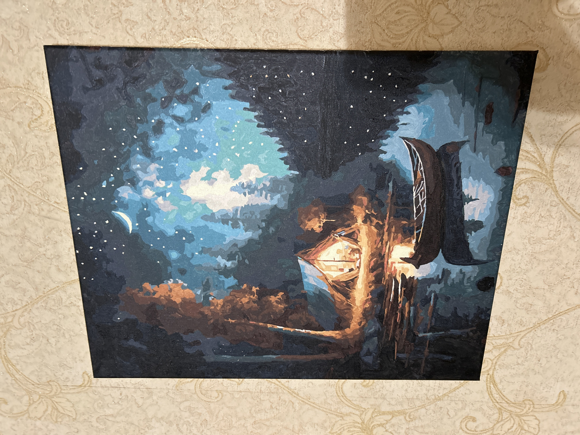 Night scene painting with crescent moon observed in Khimki