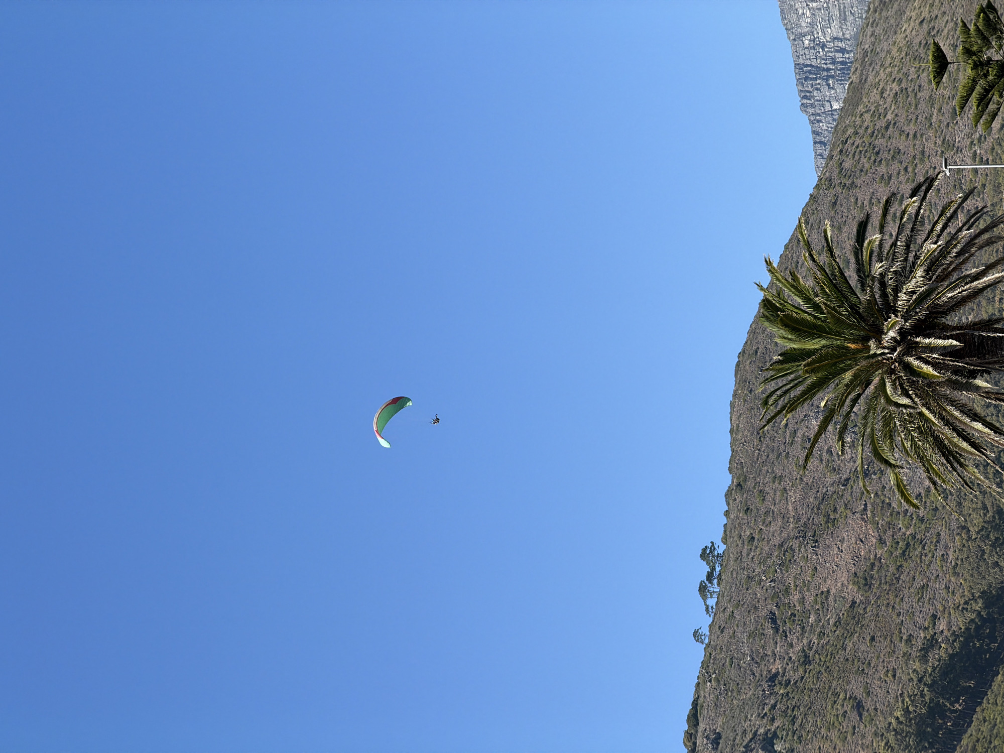 Paraglider soars over Cape Town buildings and mountains