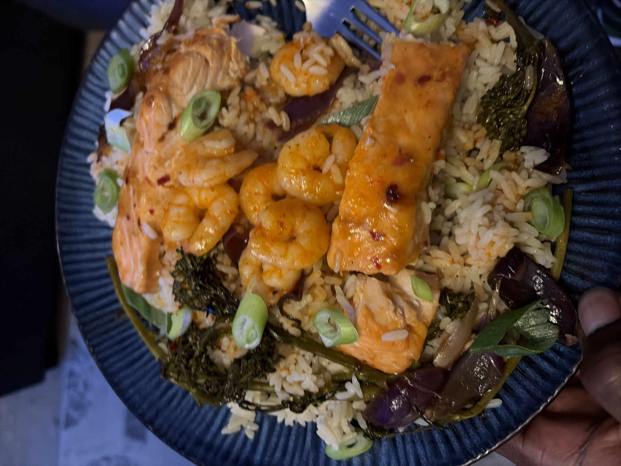 Seafood dinner with rice photographed in New Forest