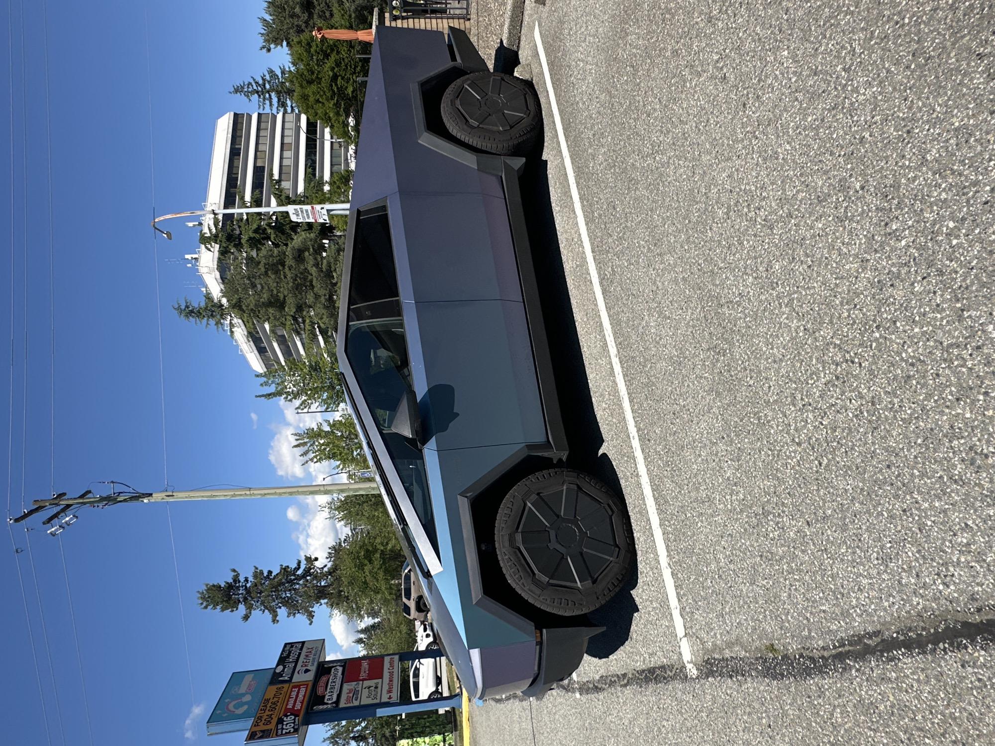 Iridescent-wrapped Cybertruck parked in Port Coquitlam lot