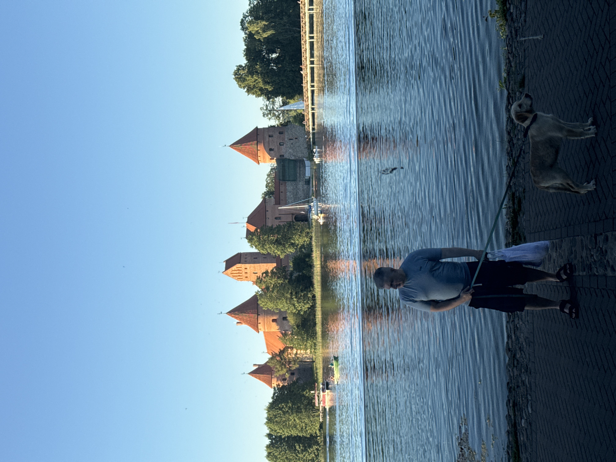 Red balloons over Trakai on a clear summer evening