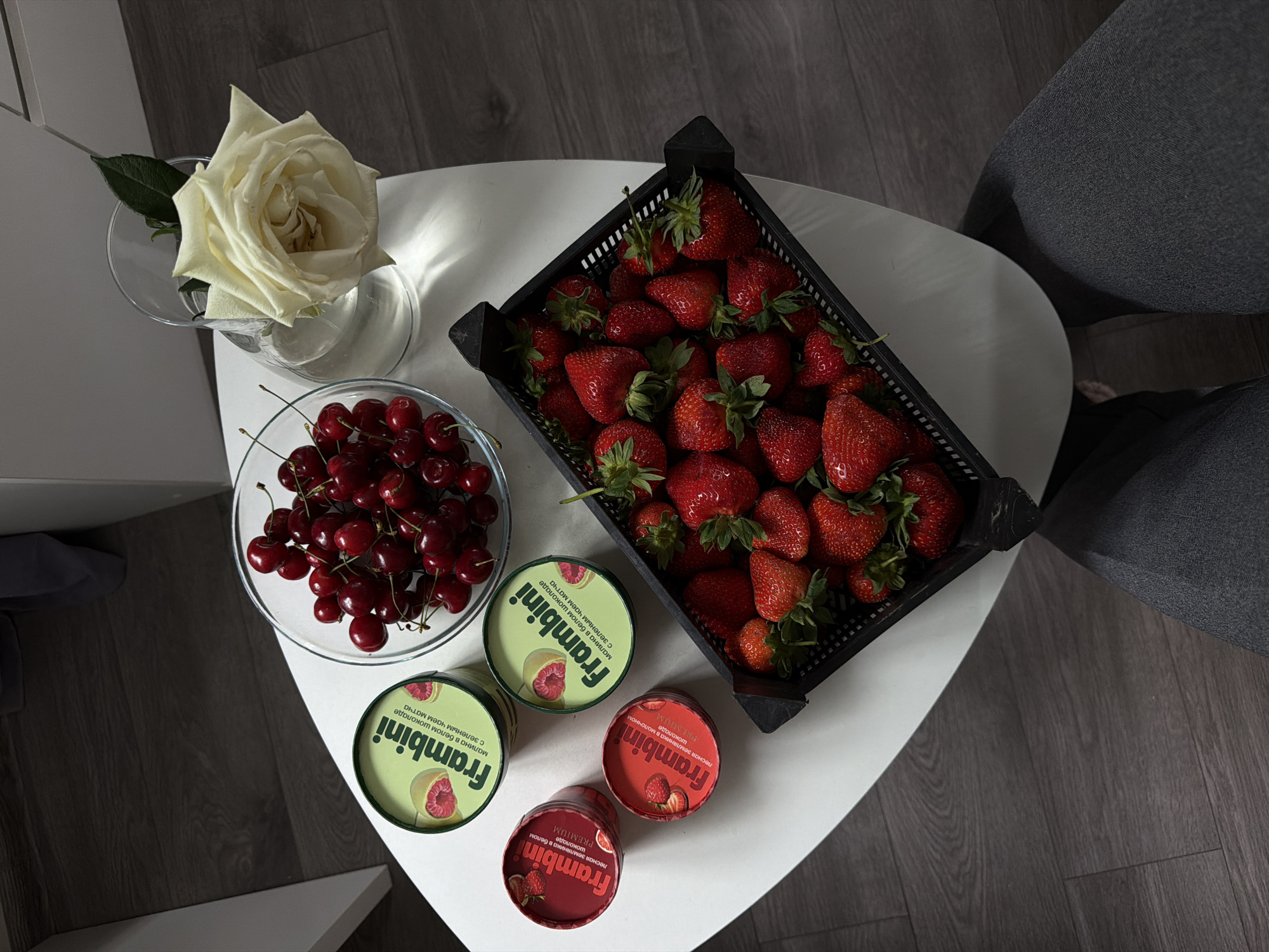 Fresh fruit arrangement documented on white table in Kazan