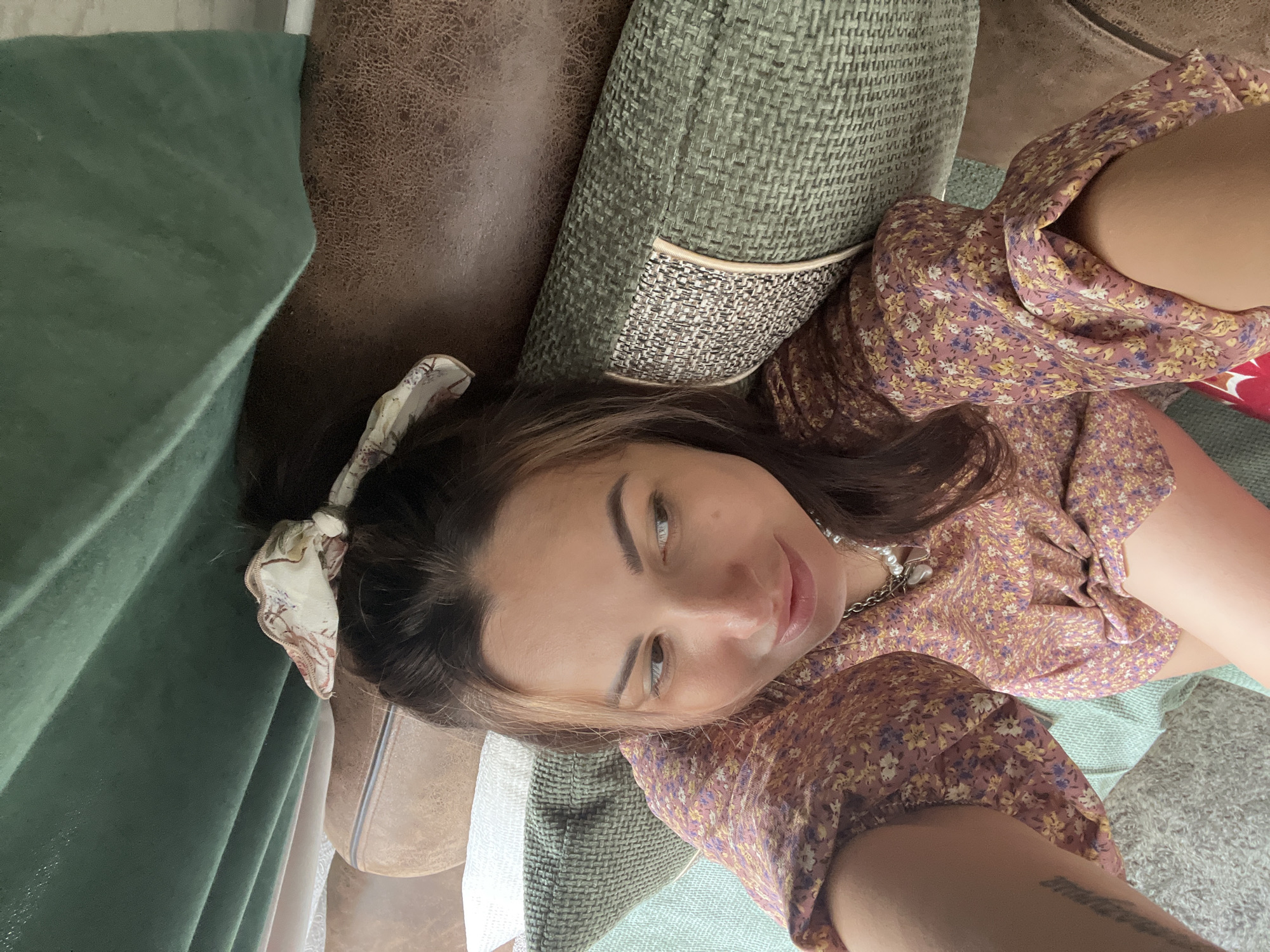 Couch selfie session with close-ups of outfit and wrist tattoo
