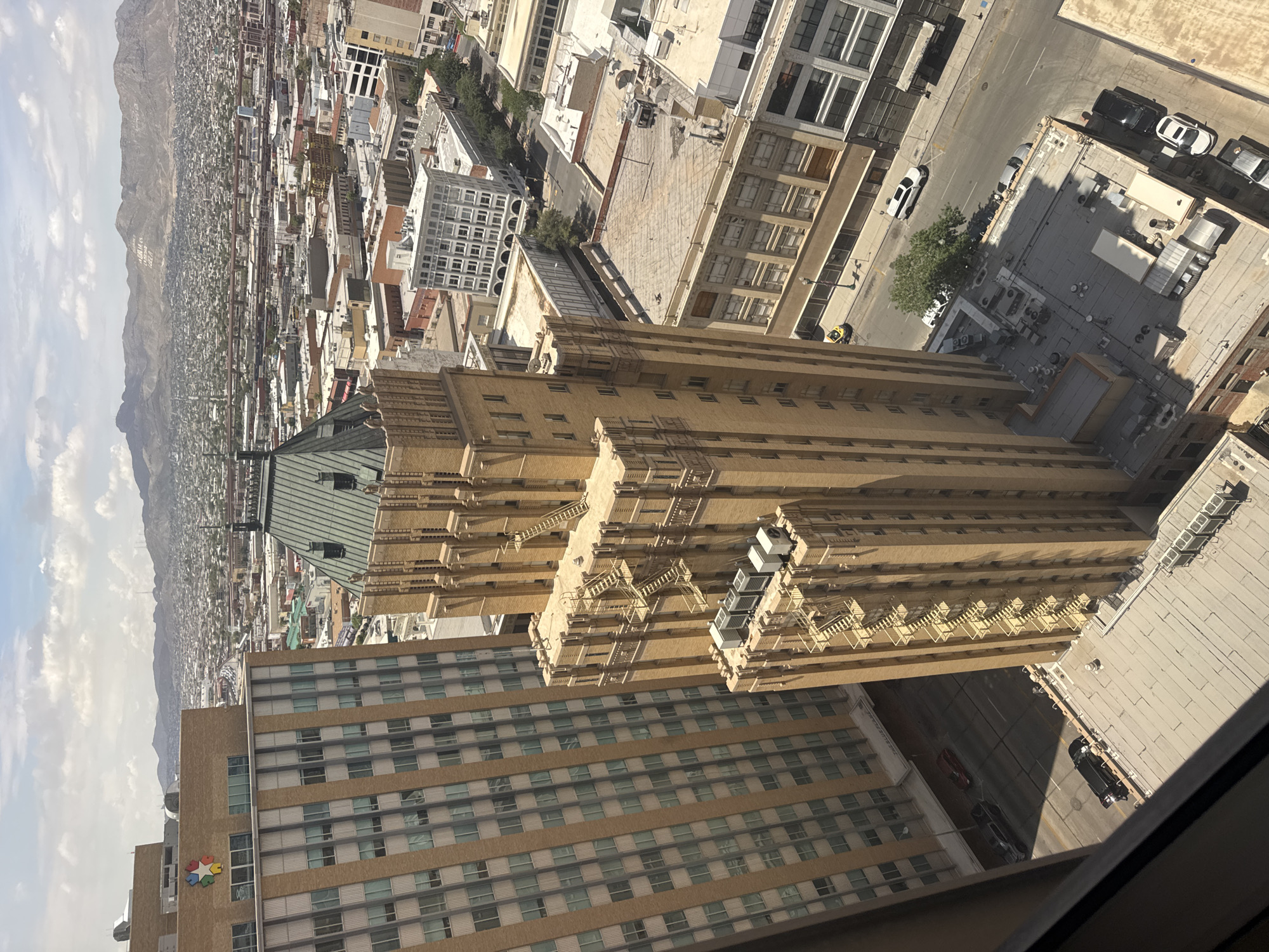 Downtown El Paso: skyline views, a cat mural, and pigeons