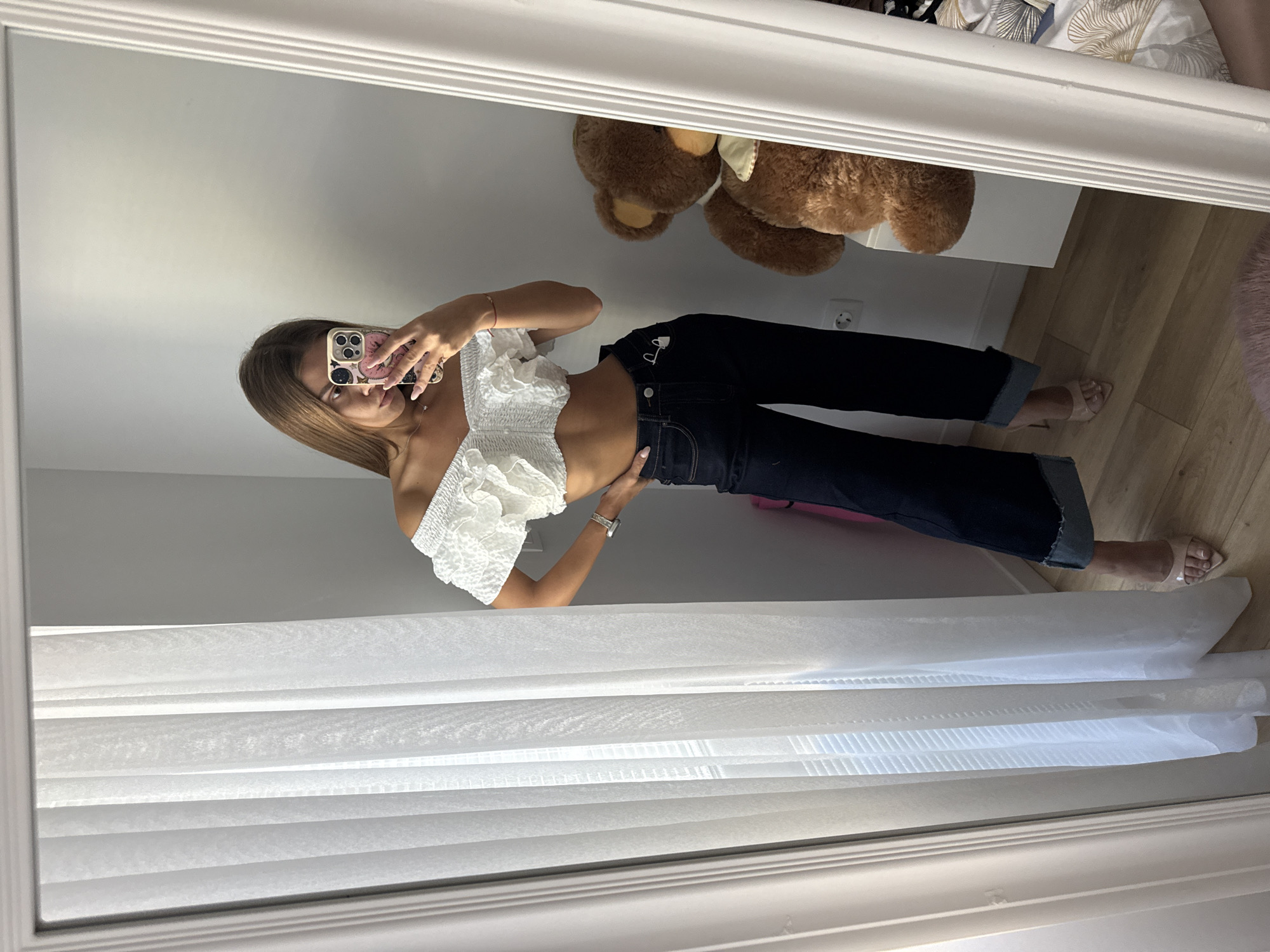 Mirror selfies in a Plovdiv apartment, two outfit variations