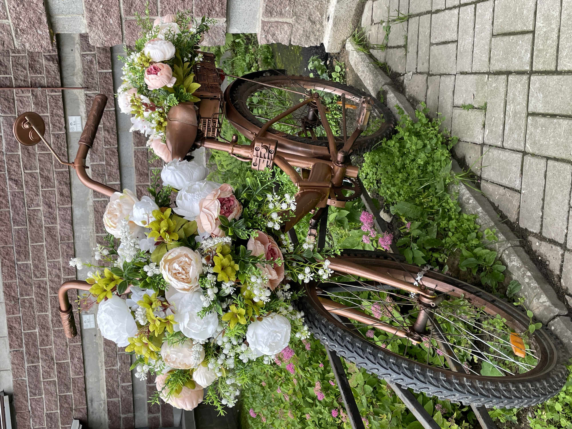 Flowers and a decorated bicycle in Saint Petersburg