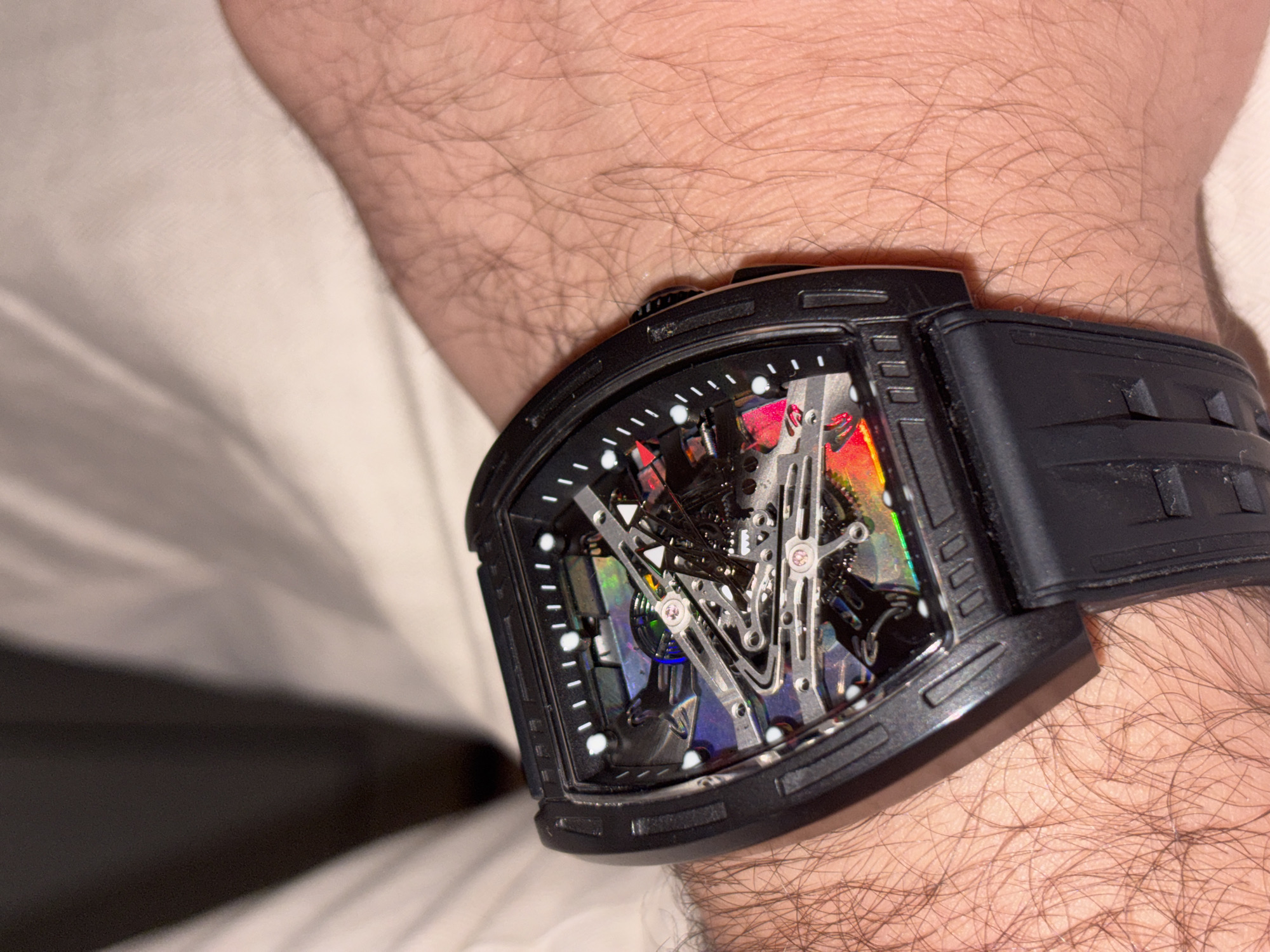 Person photographed wearing mechanical watch, Puma socks in Mirkovo home