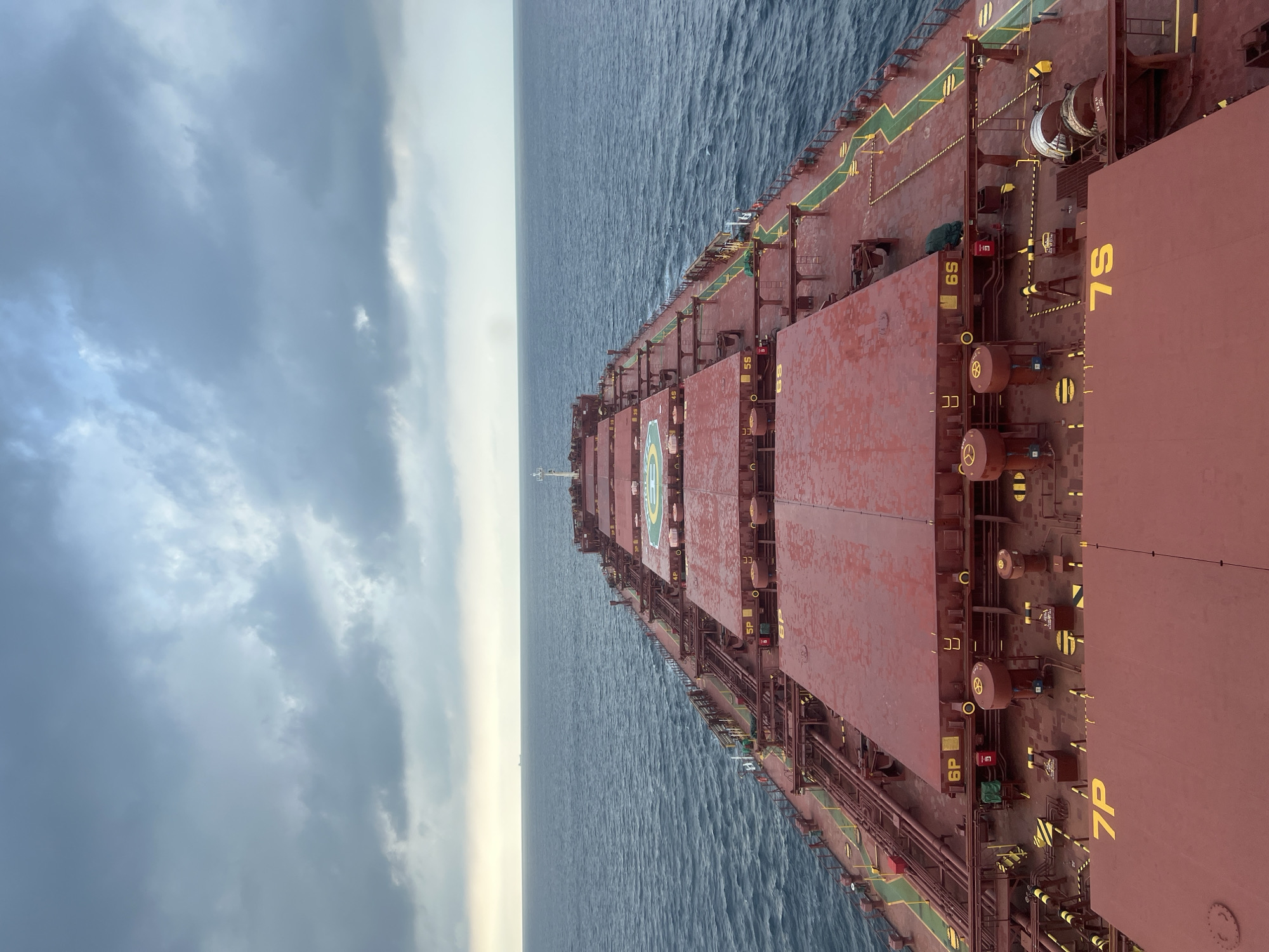 Red bulk carrier at sea, deck hatches and cargo markings visible.