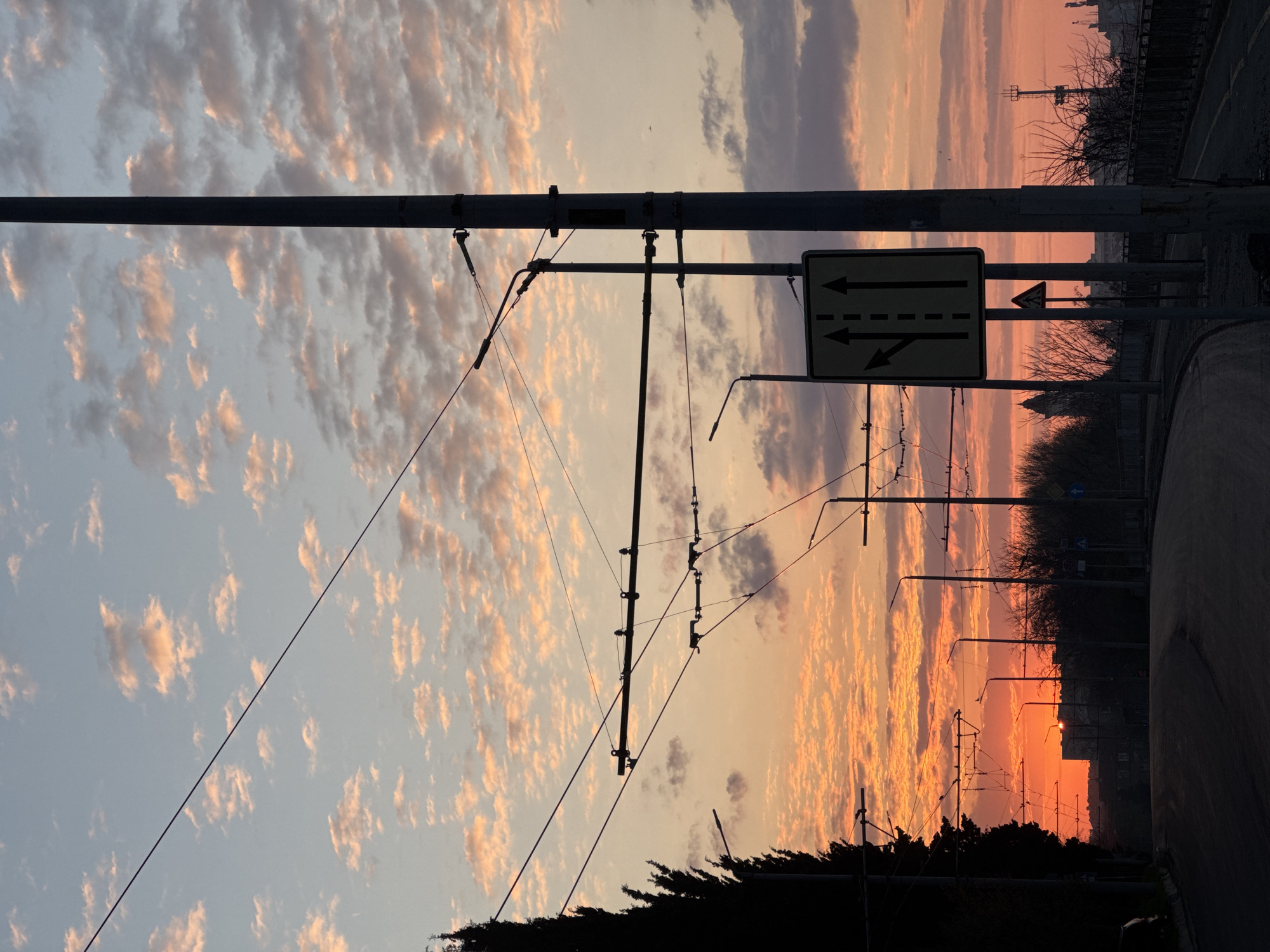 Colorful sunset observed over Burgas, Bulgaria trolleybus lines