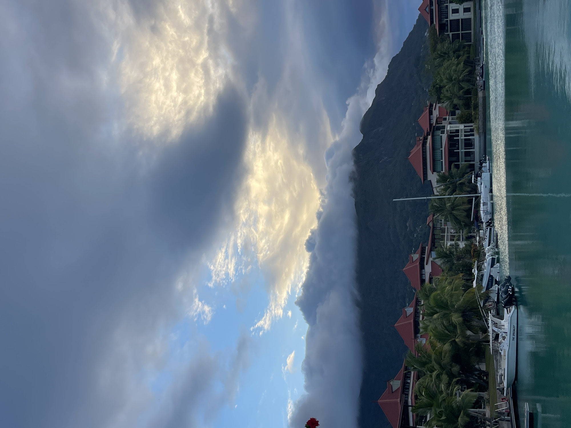 Boats moored at a calm Seychelles marina under overcast skies
