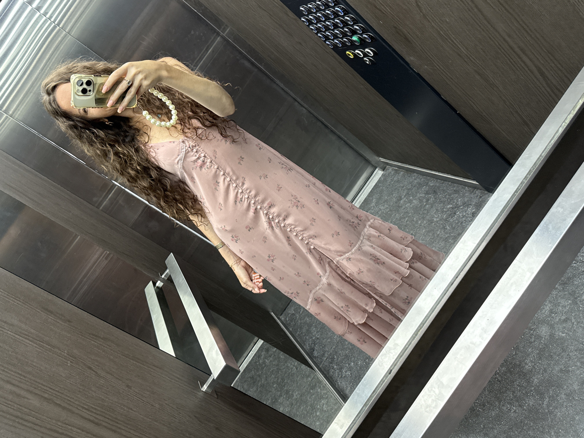 Pink floral dress selfies before heading out, Khimki