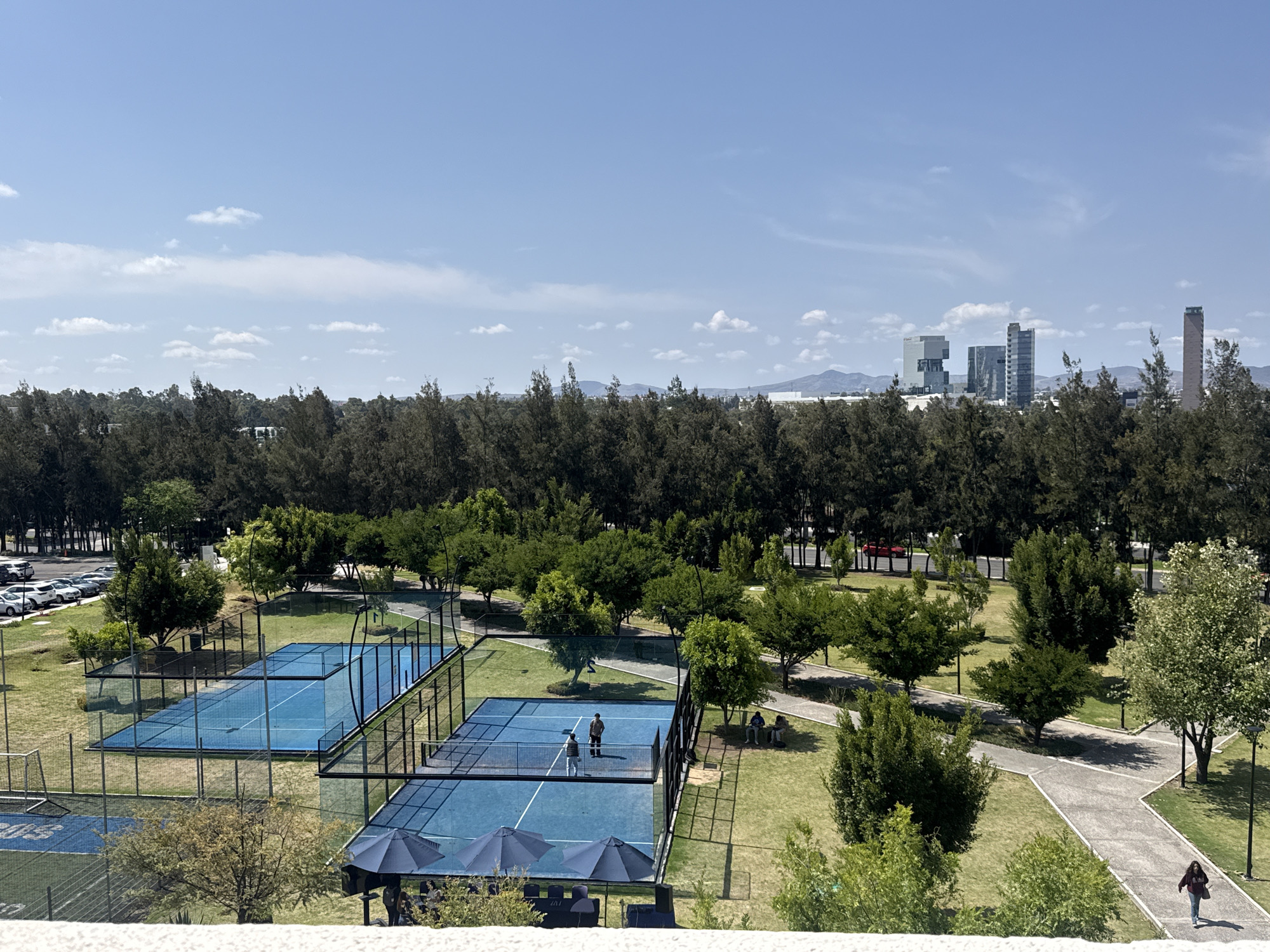 Urban park with padel courts and city views observed