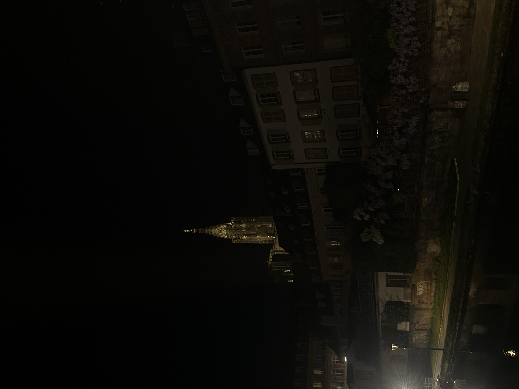 Strasbourg Cathedral illuminated in nighttime canal reflections