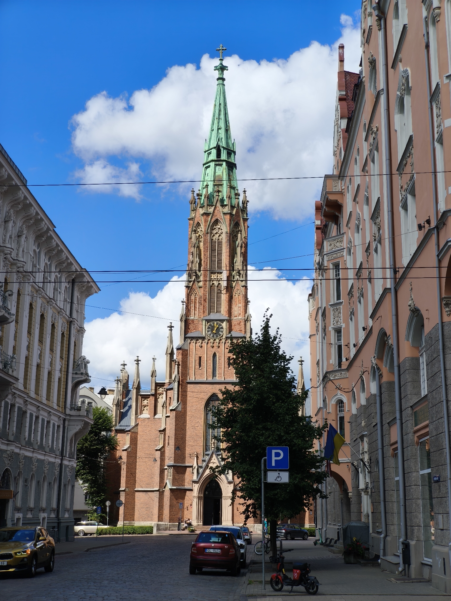 Red brick and green spire: St. Gertrude's Church in Riga