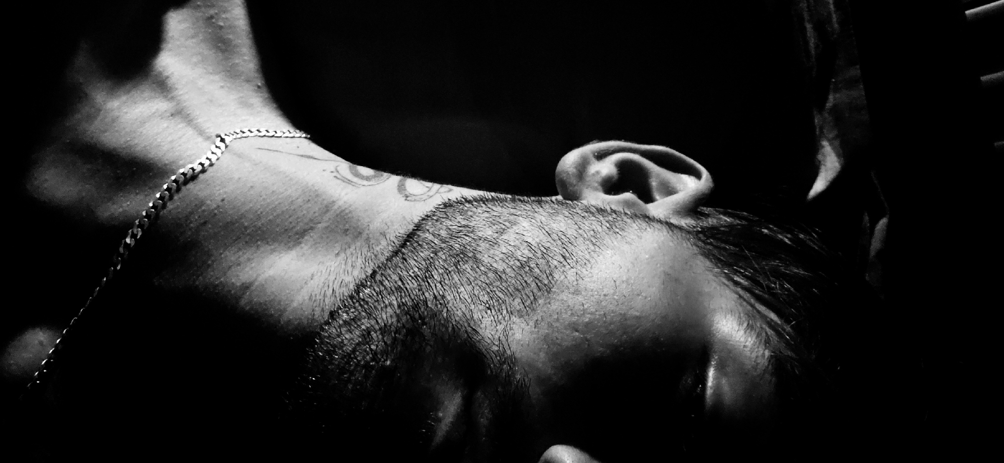 Portrait session documented: bearded man with tattoo, silver chain