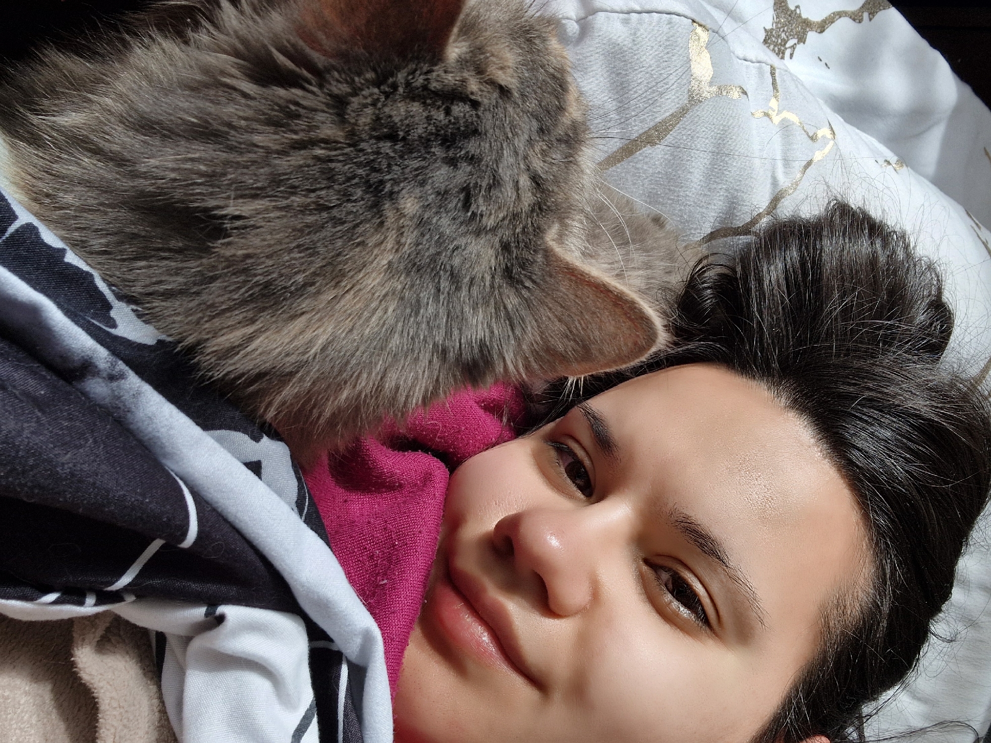 Woman and grey cat share quiet moment on bed