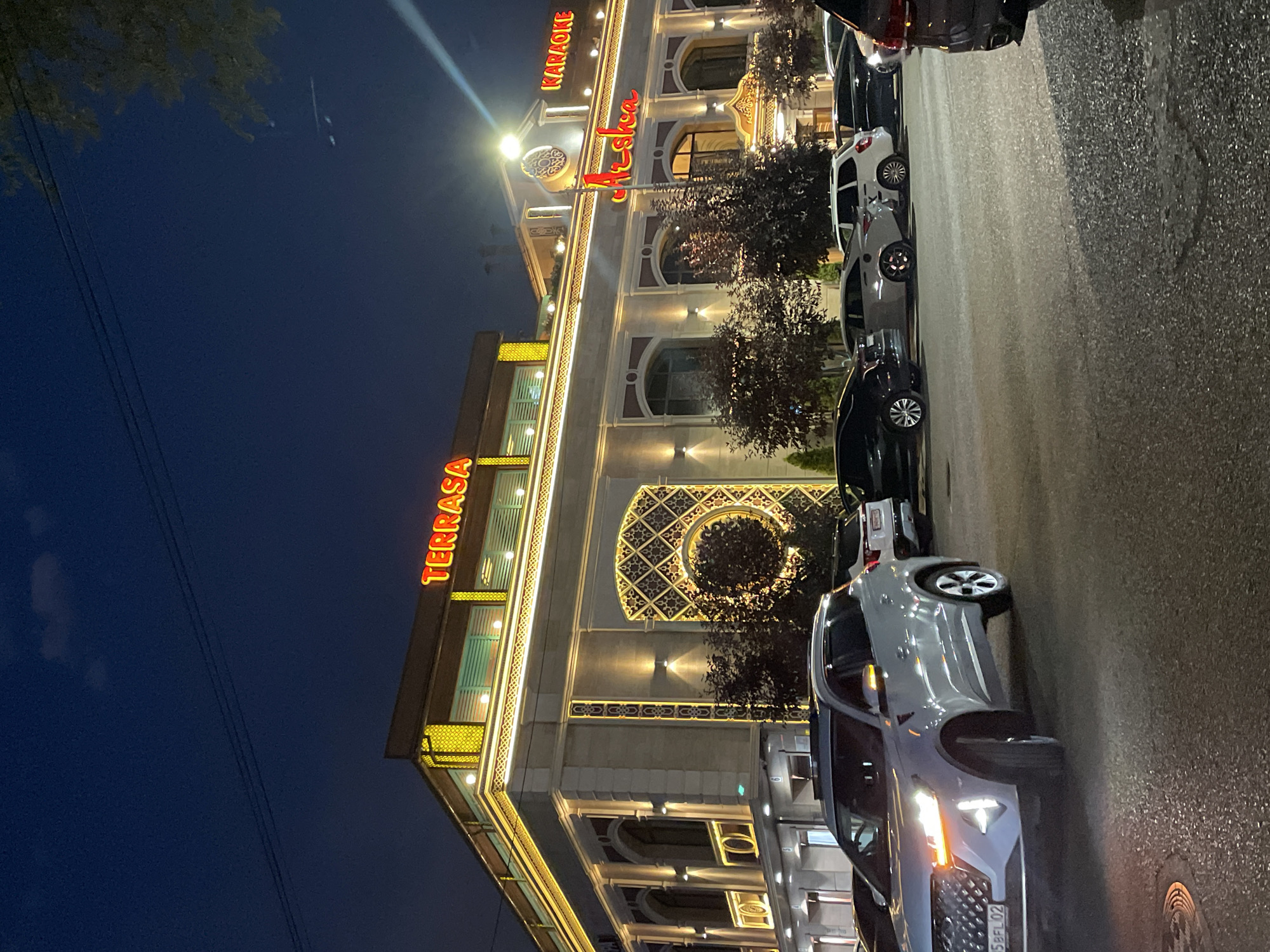 Almaty commercial strip at night, neon signs and street scenes
