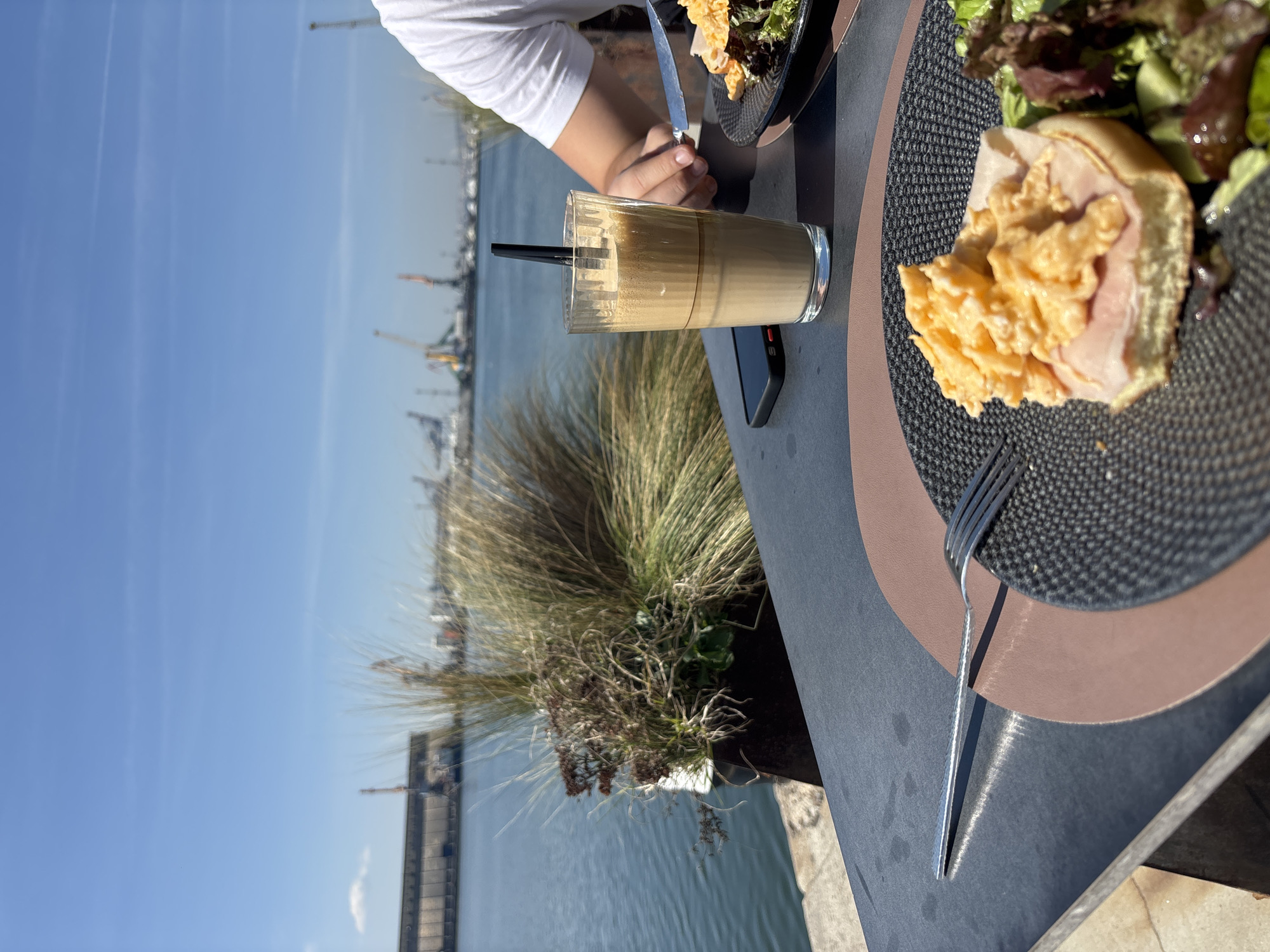 Morning breakfast at harbor restaurant in Burgas, Bulgaria