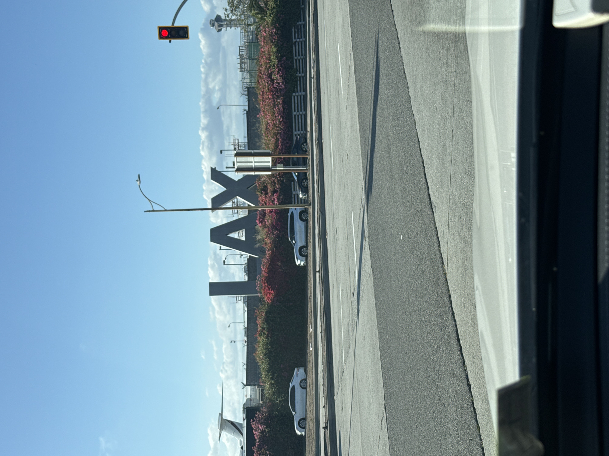 LAX airport sign photographed with roadside flowers, parked cars