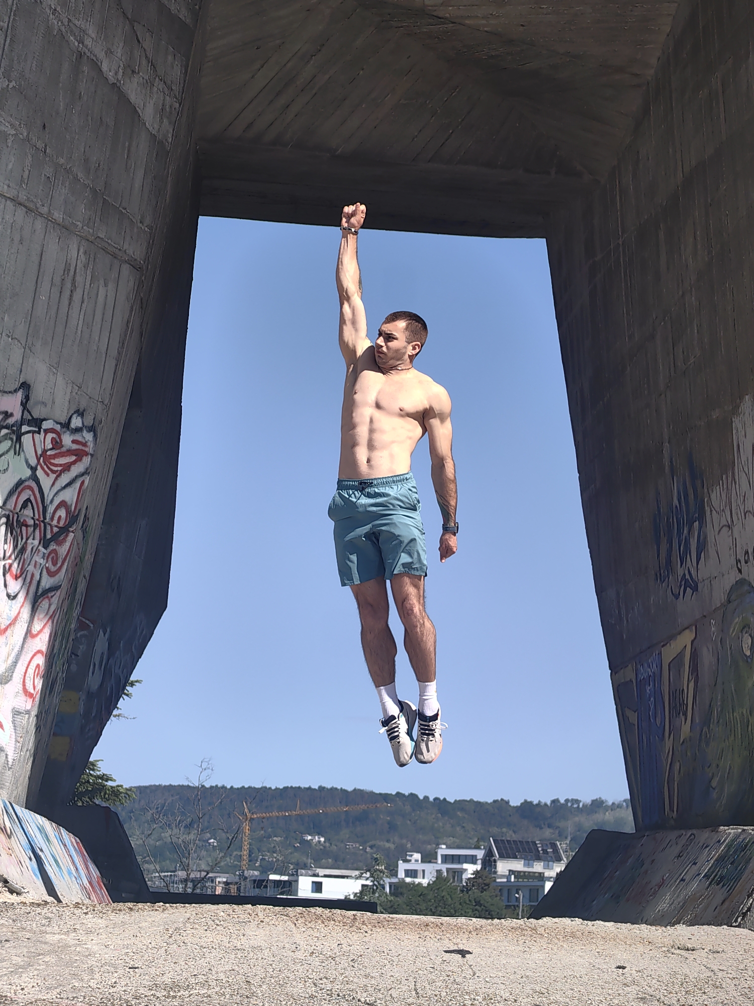 Man performs acrobatic stunts under concrete structure in Varna