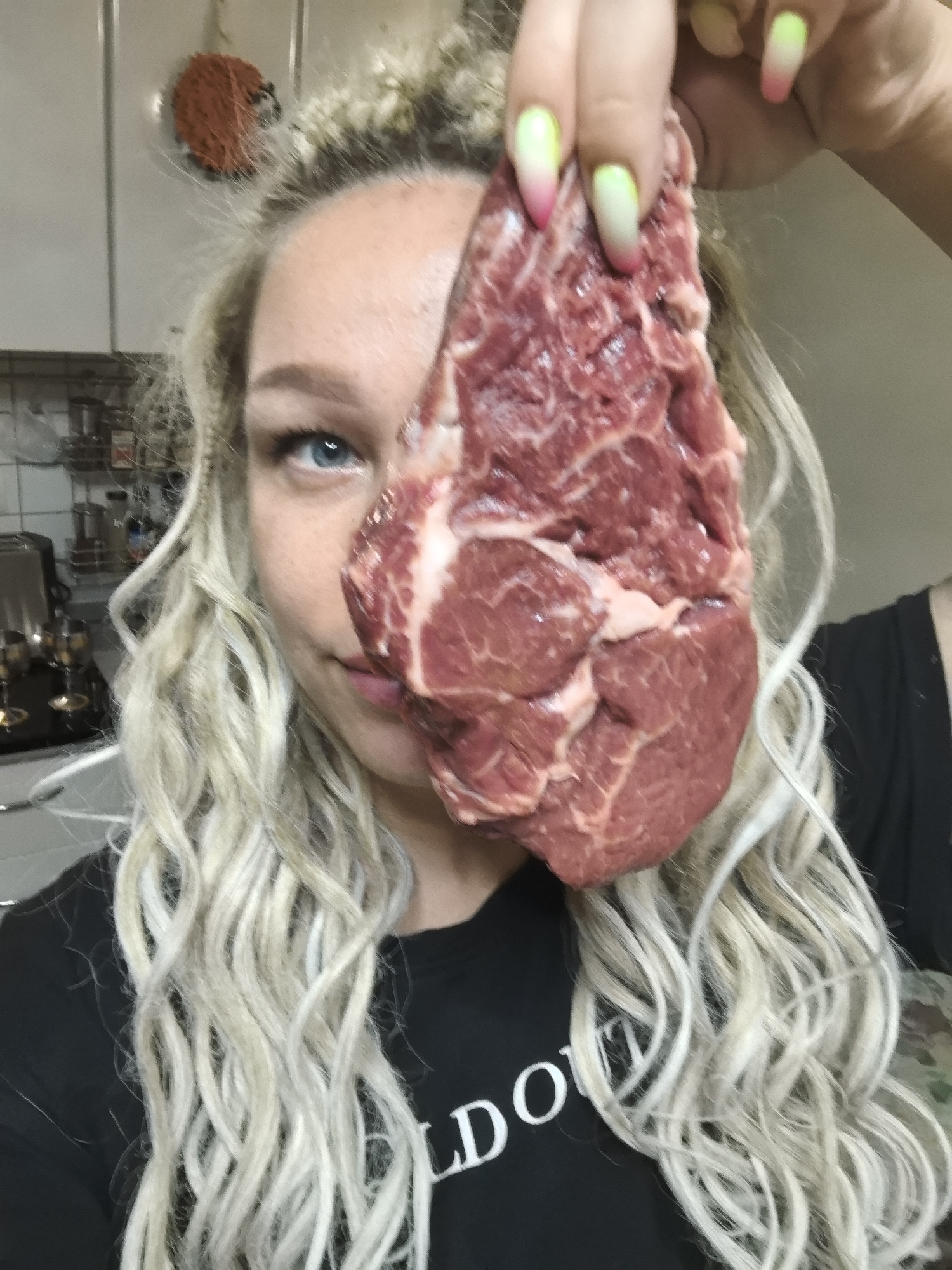 Raw ribeye steaks on display in Nizhny Novgorod