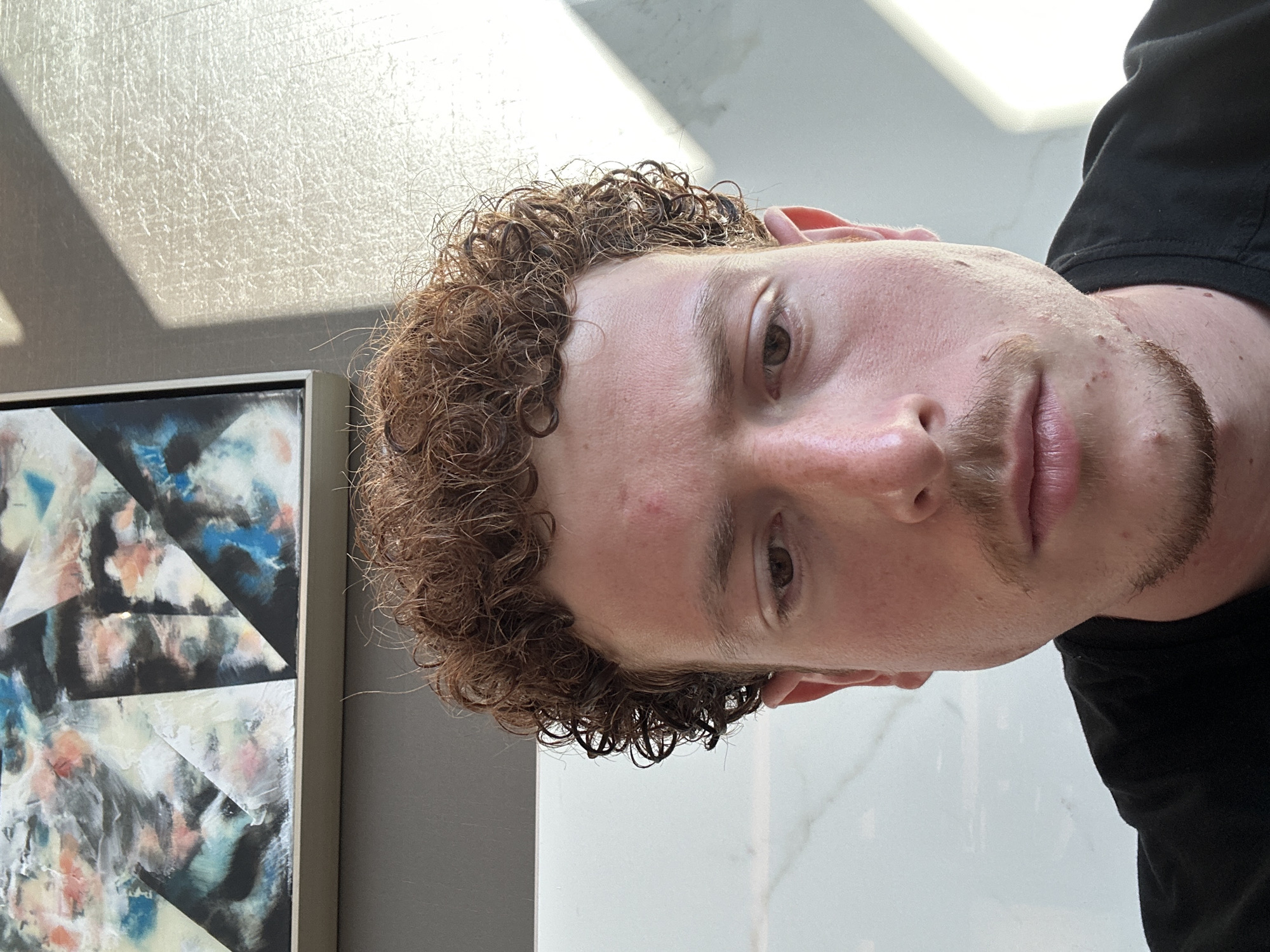 Man with curly hair observed near painting in College Park