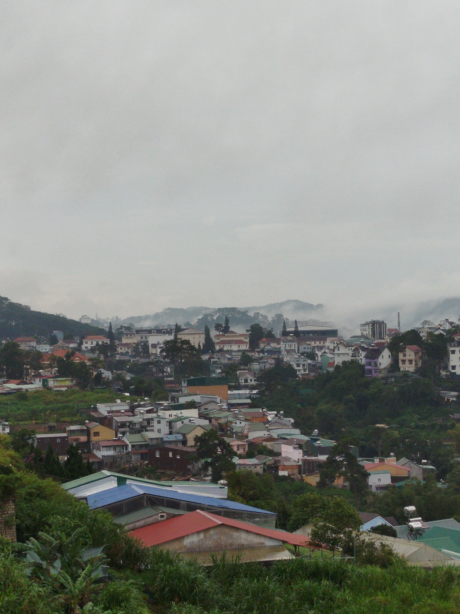 Foggy morning panorama captures Da Lat's hillside architecture