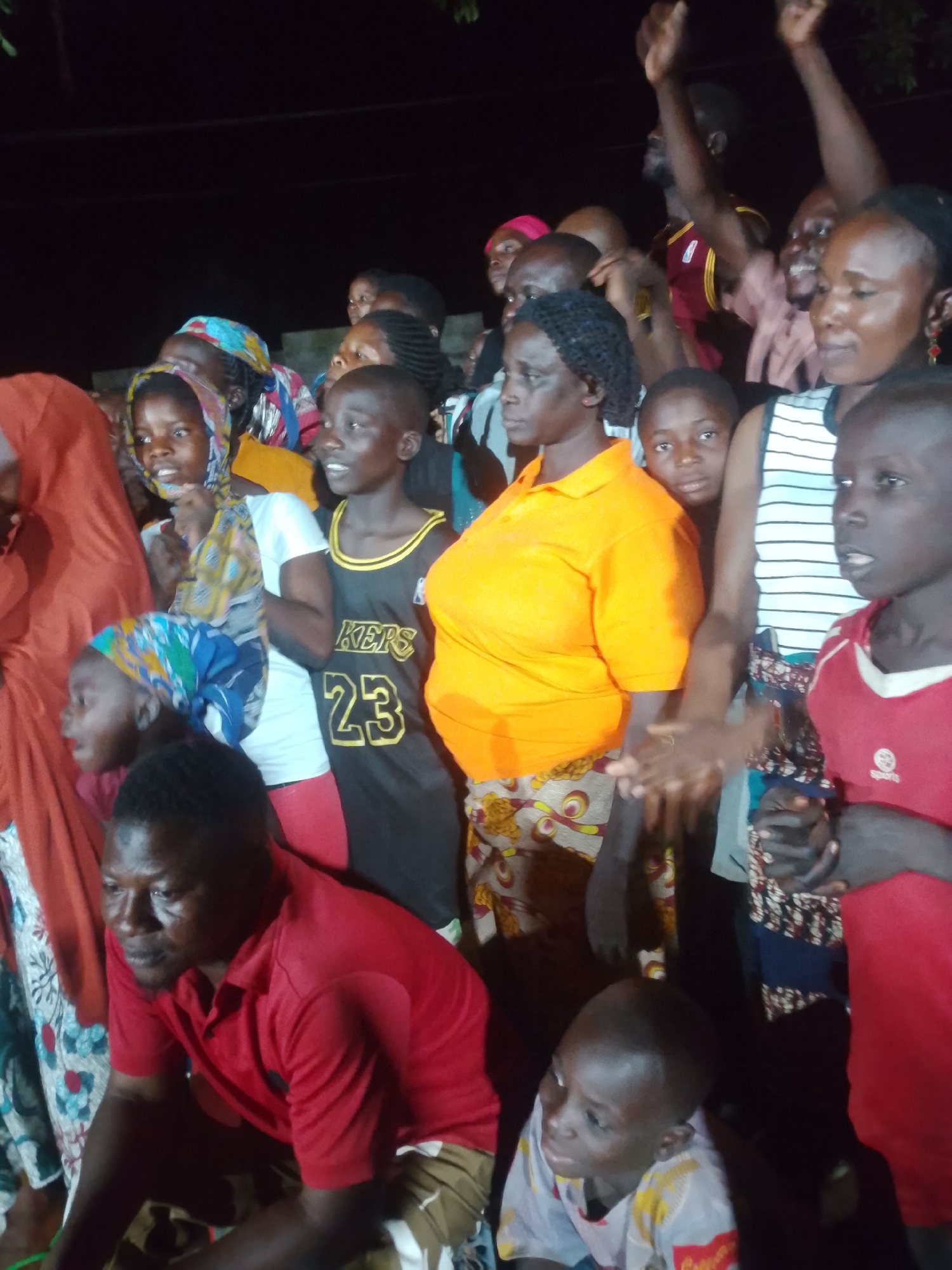 Nighttime community gathering under a tree, crowd watching an event