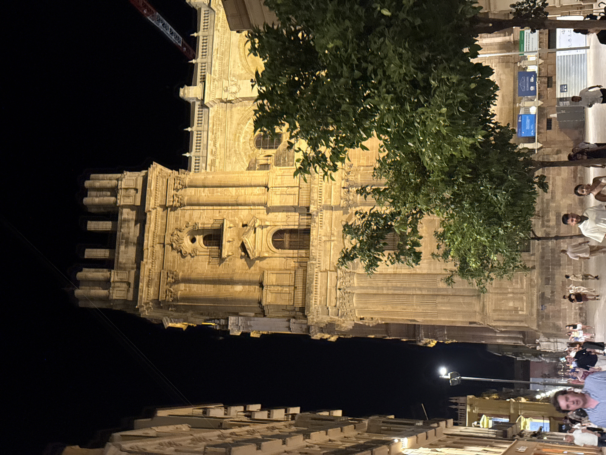 Málaga's cathedral district lit up on a summer night