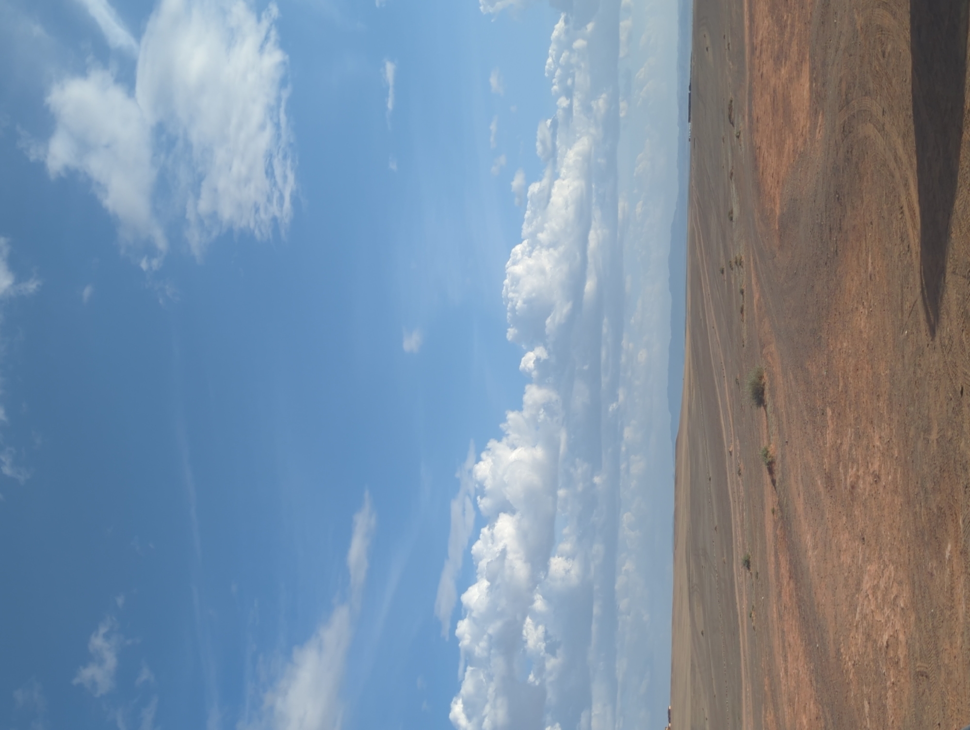 Dusty Mongolian steppe marked by tire tracks under open sky