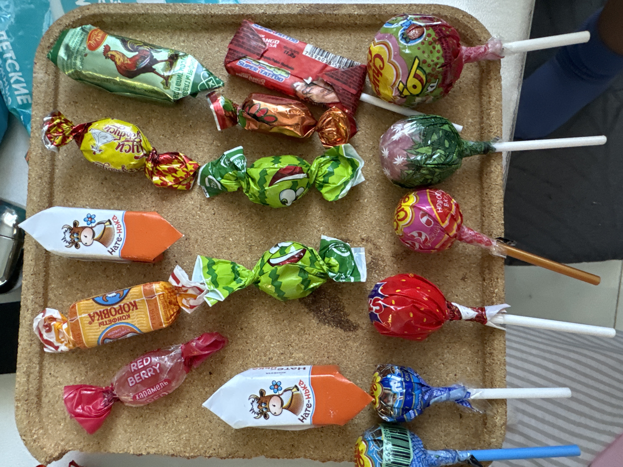 Assorted candies displayed on tray in Akulovo, Russia