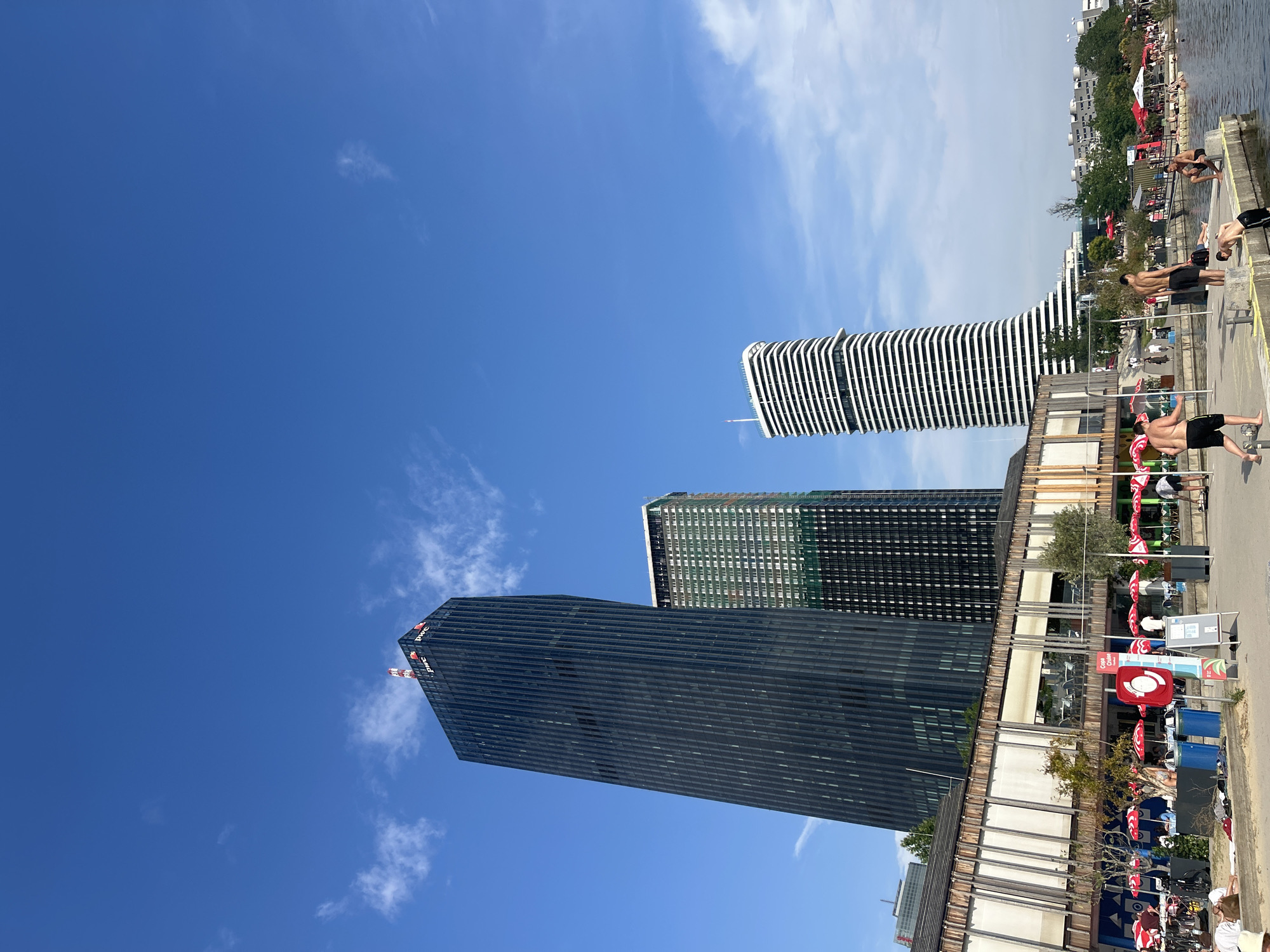 Summer day on Vienna's Danube Island, beach bars and dock jumps