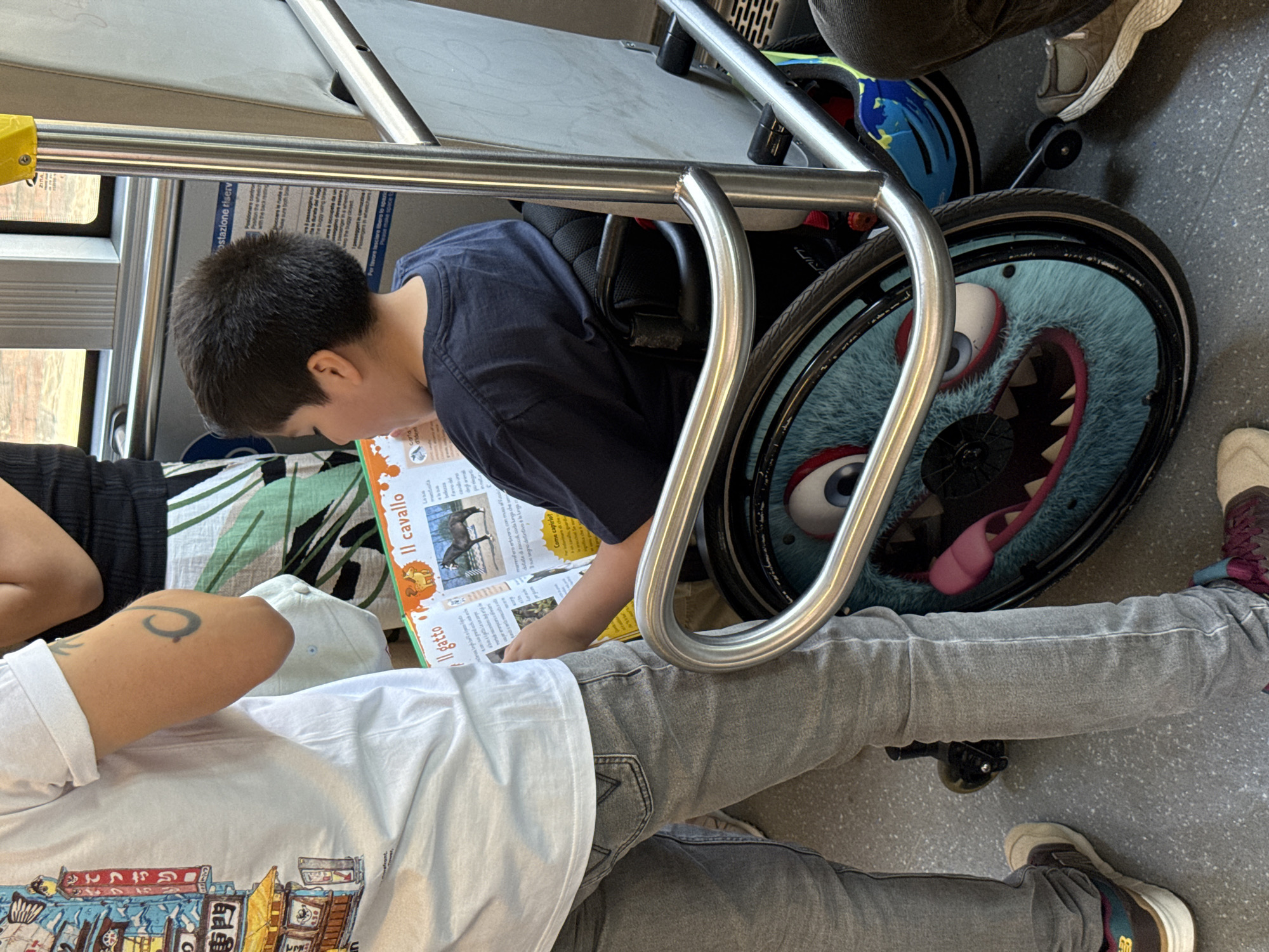 Wheelchair user reads Italian book on Milan public transport