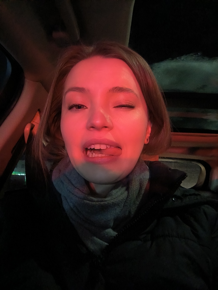 Woman takes playful car selfies in red light, Vinnytsia