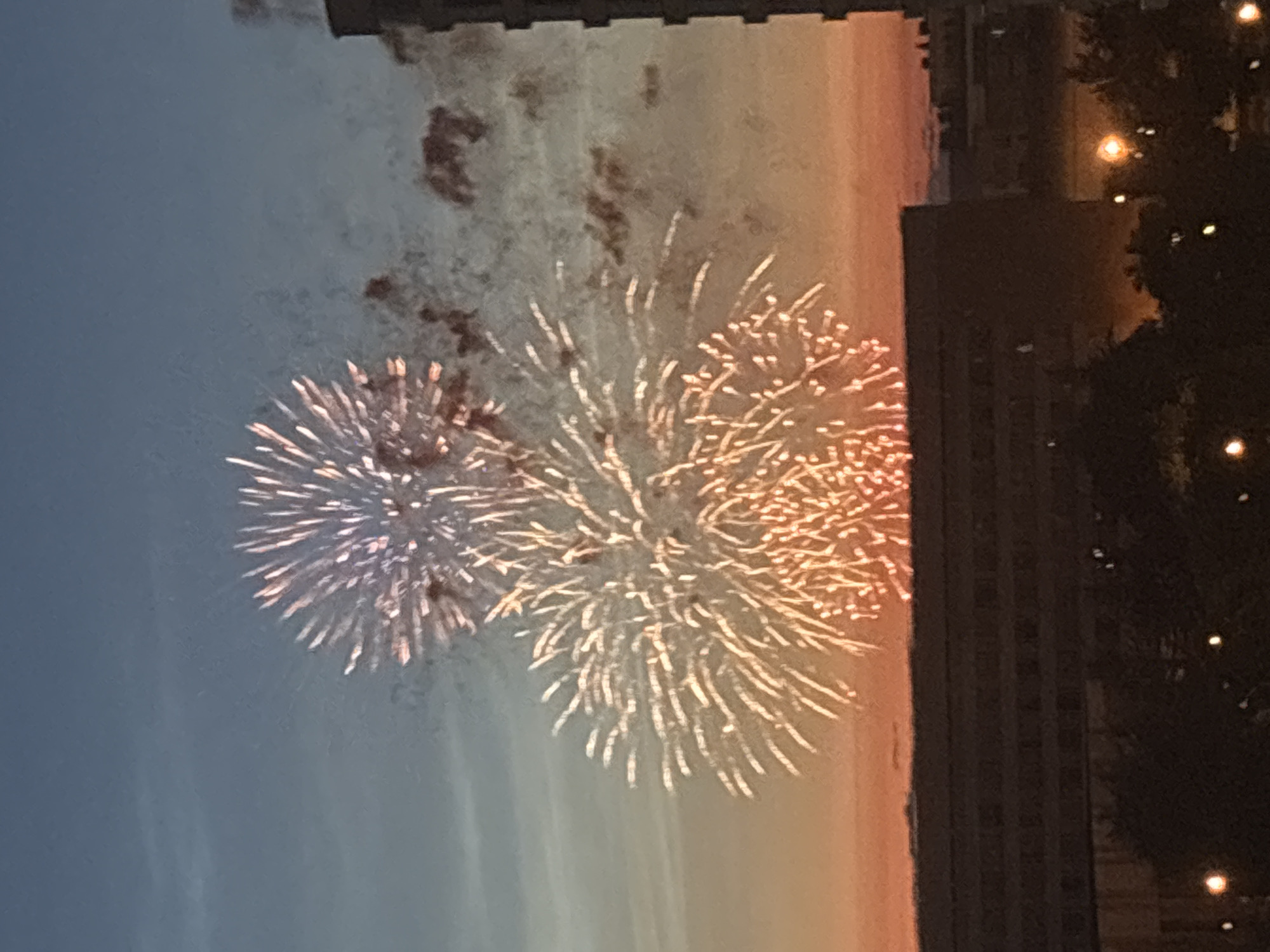 Fireworks light up a city skyline at dusk