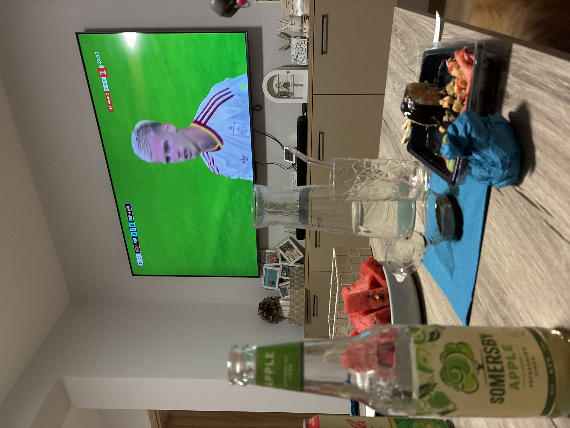 Portugal vs Spain match playing on a TV in Blagoevgrad