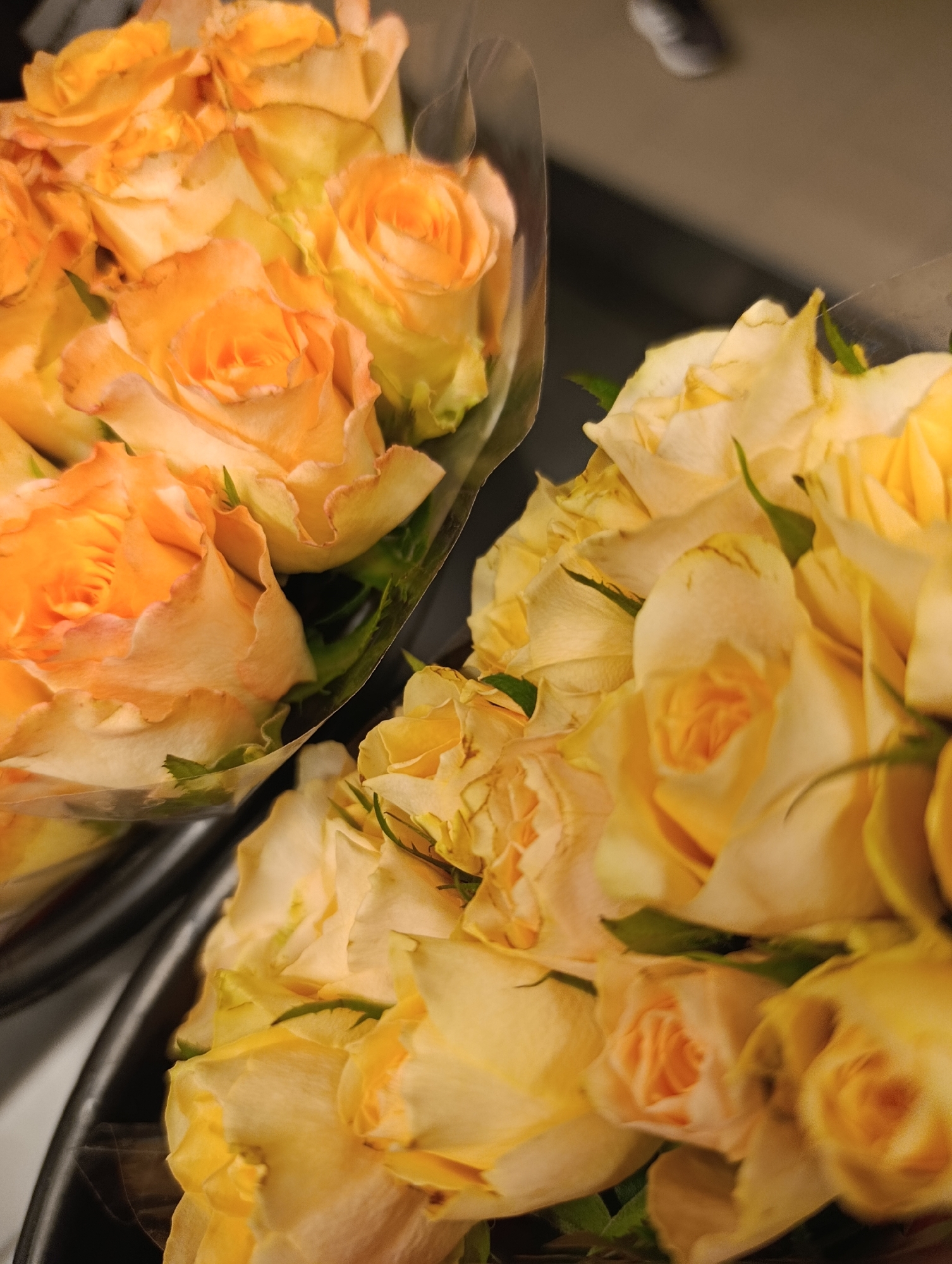Colorful cut flowers at what looks like a flower market