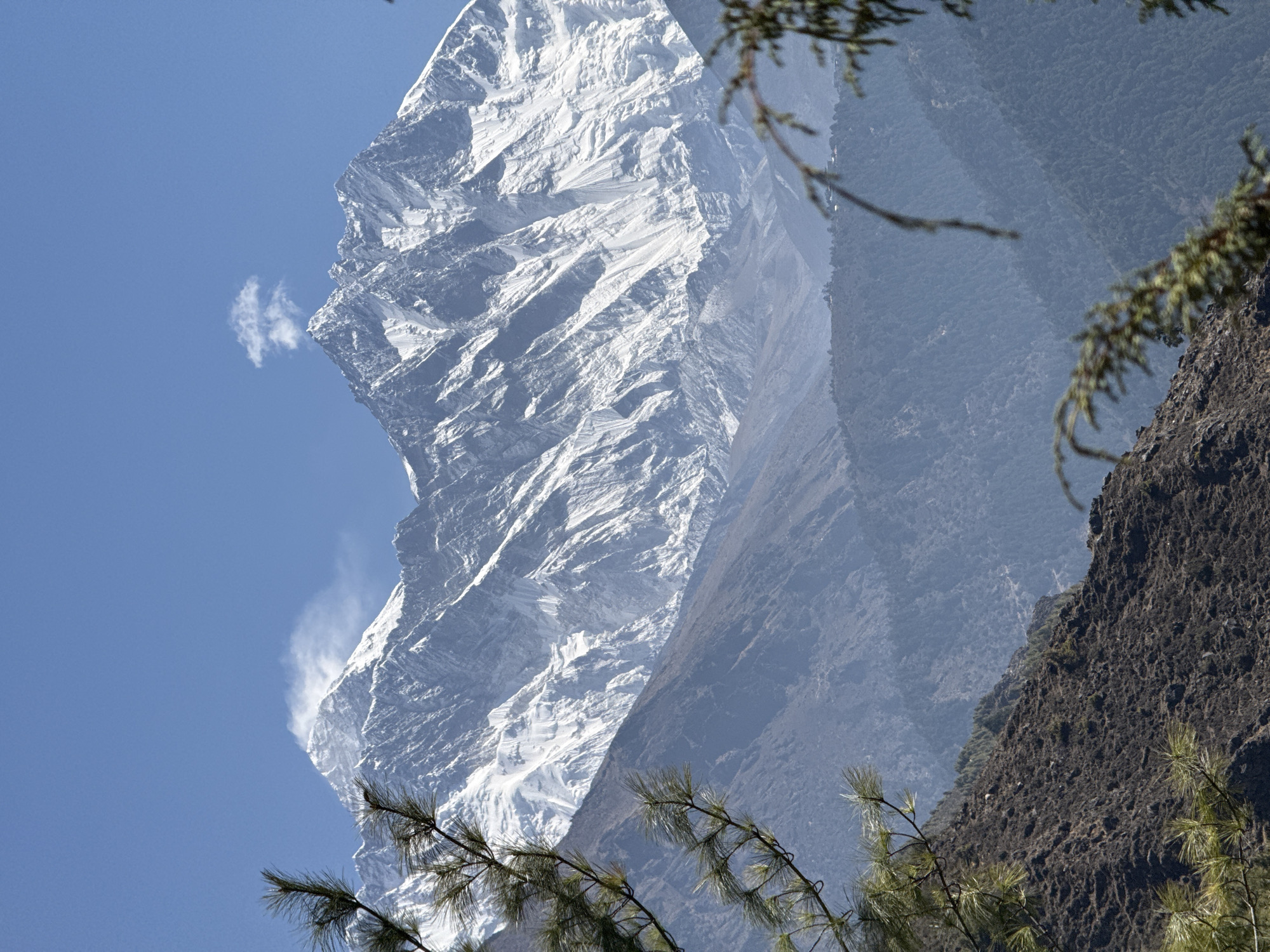 Snow-covered peaks photographed in clear skies over Khumjung, Nepal