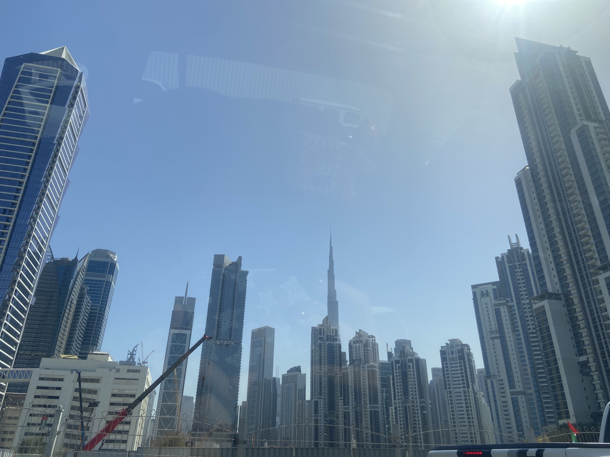 Dubai Business Bay skyline photographed from vehicle interior