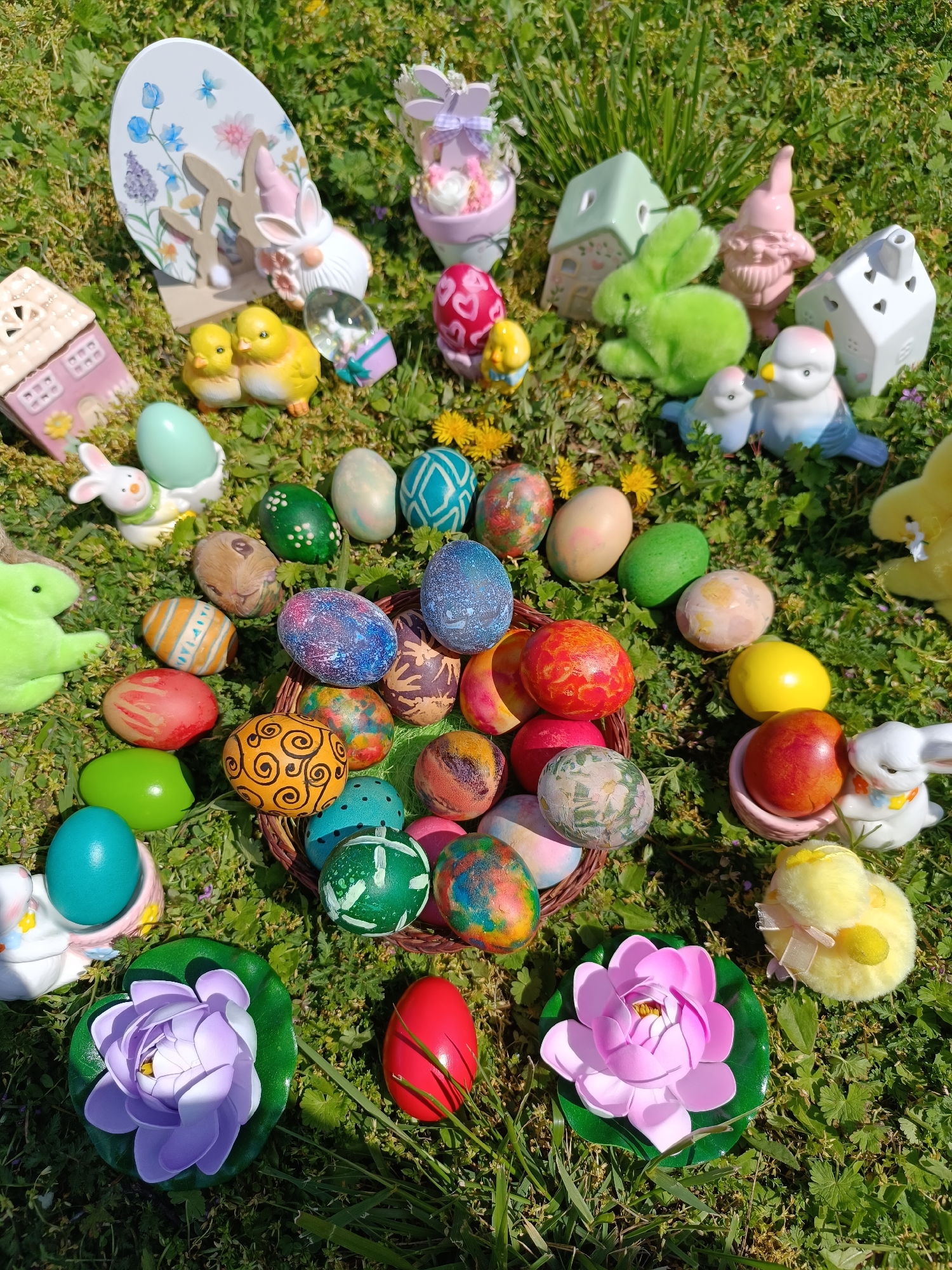 Easter display arranged on lawn in Cherkovitsa, Bulgaria