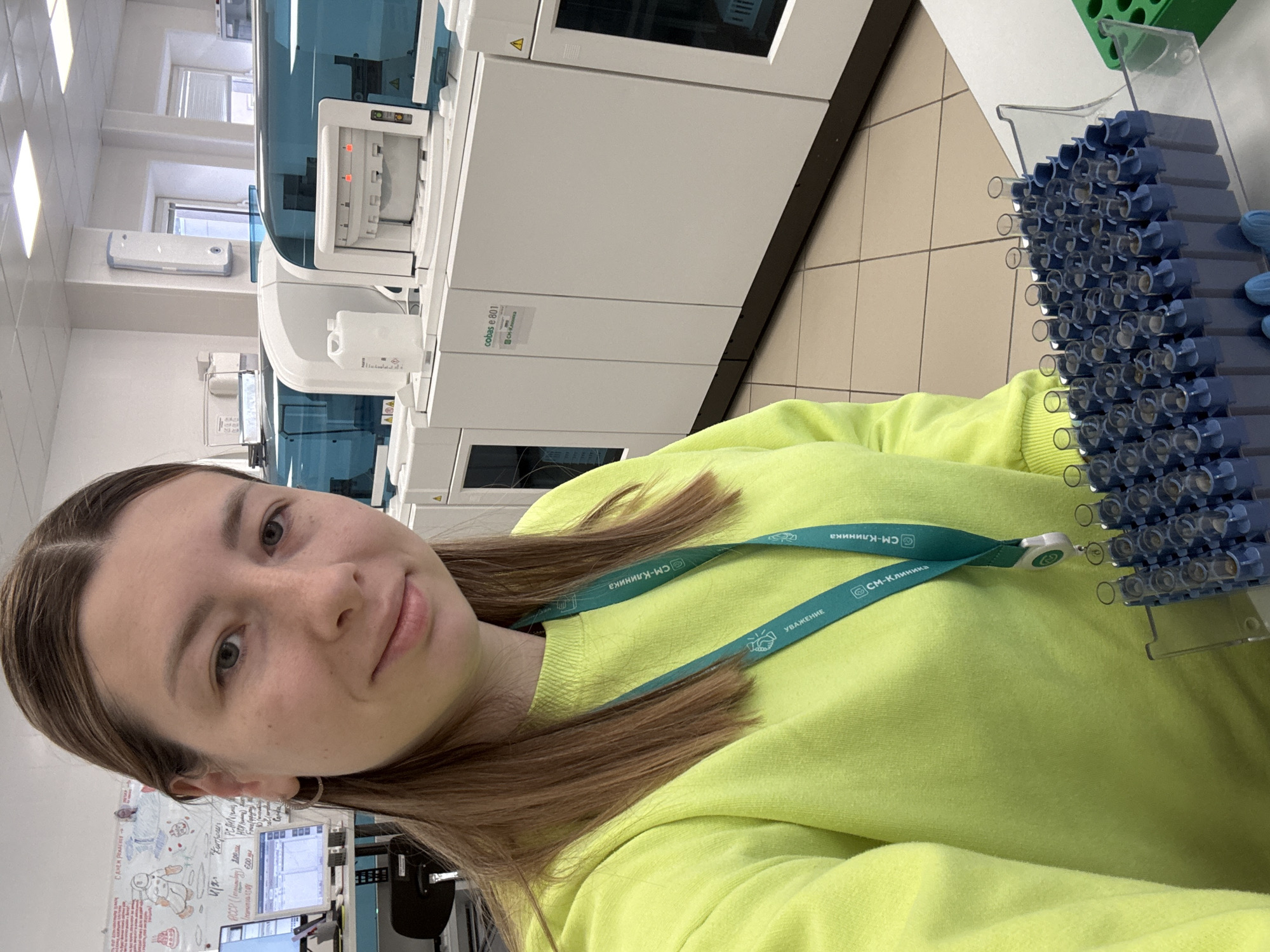 Woman takes selfie in Moscow medical laboratory