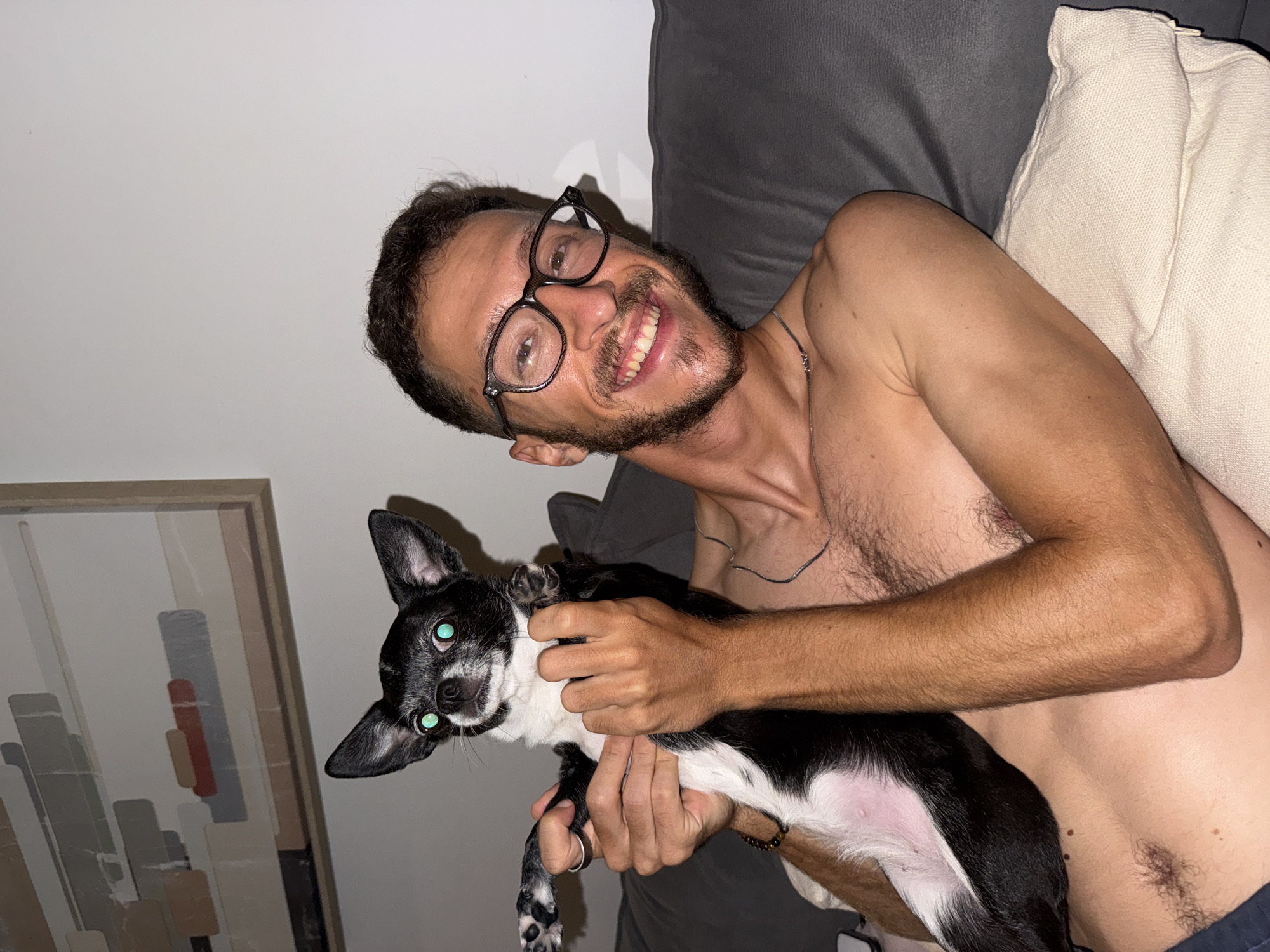 Couch time with chihuahua in Jordan living room