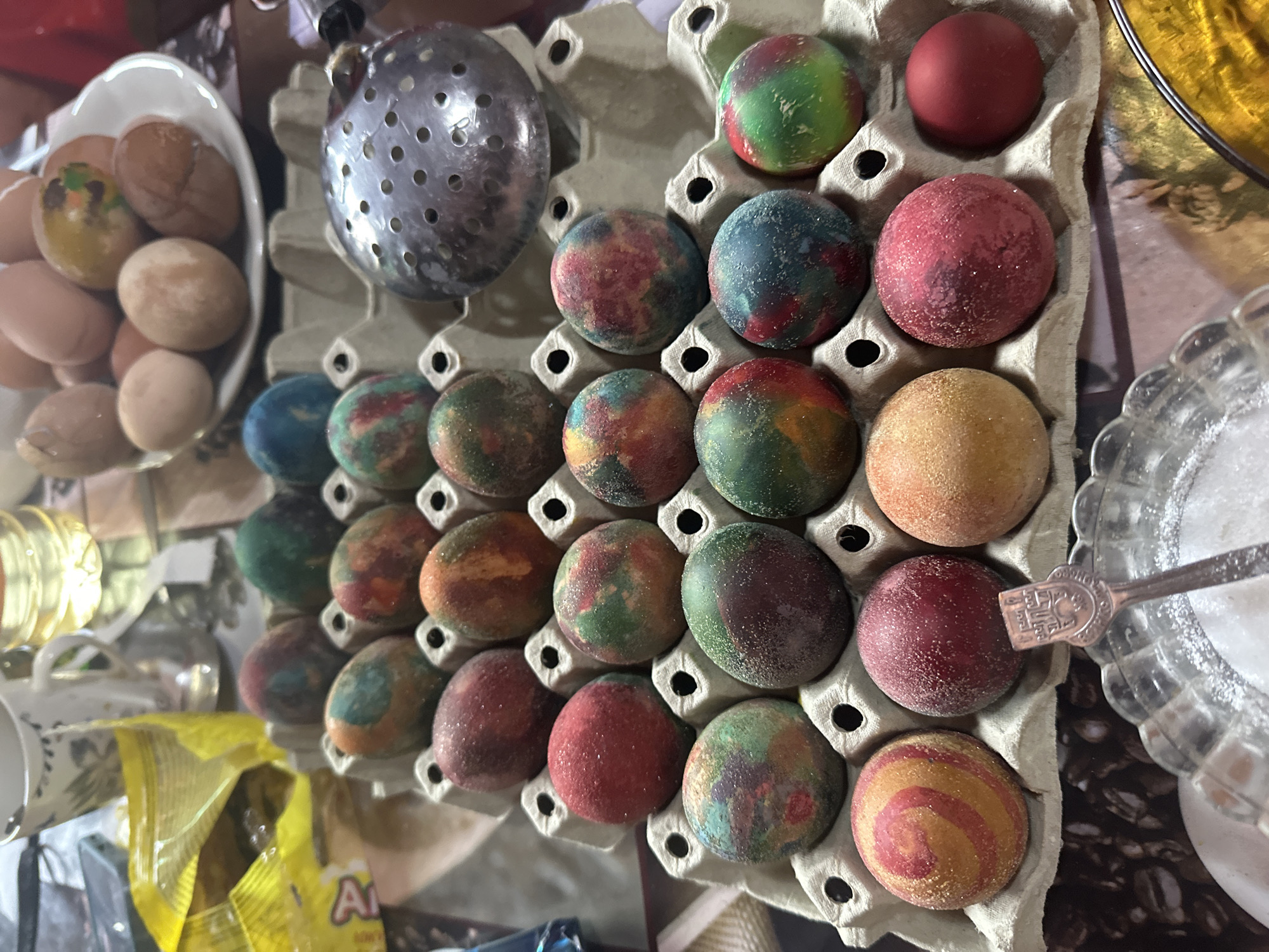 Easter egg dyeing preparation captured in Bulgarian household