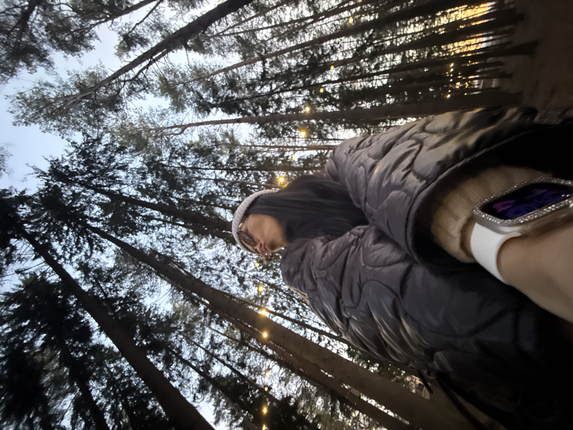 Person admires fairy-lit forest canopy in Votkinsk at dusk