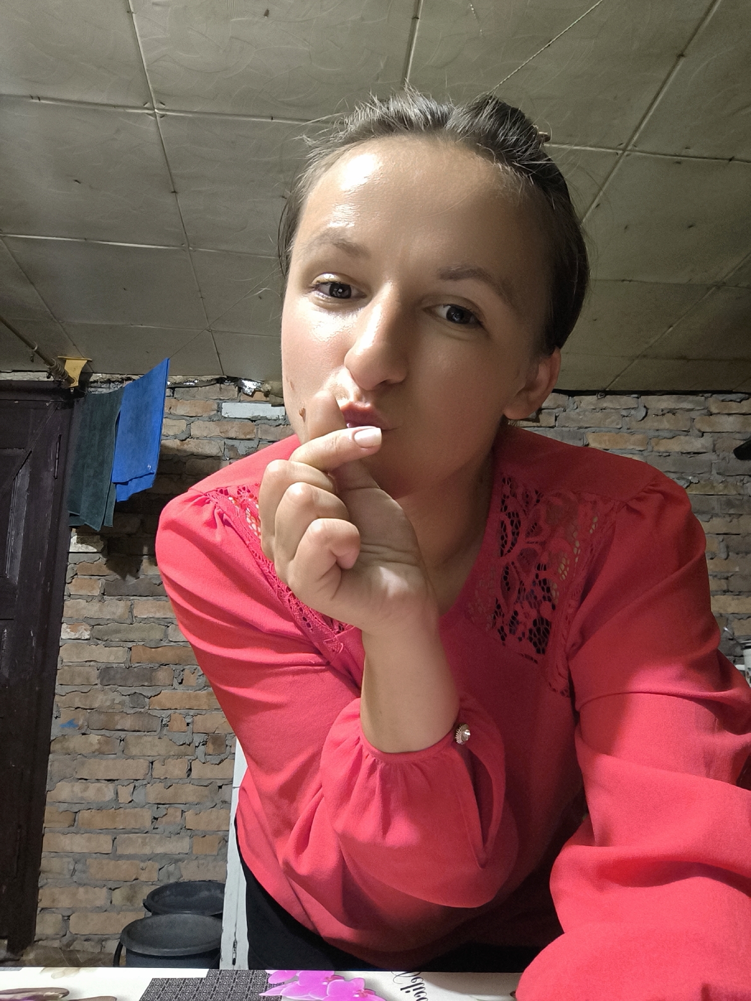 Casual selfie session inside a brick-walled room in Anastasivka
