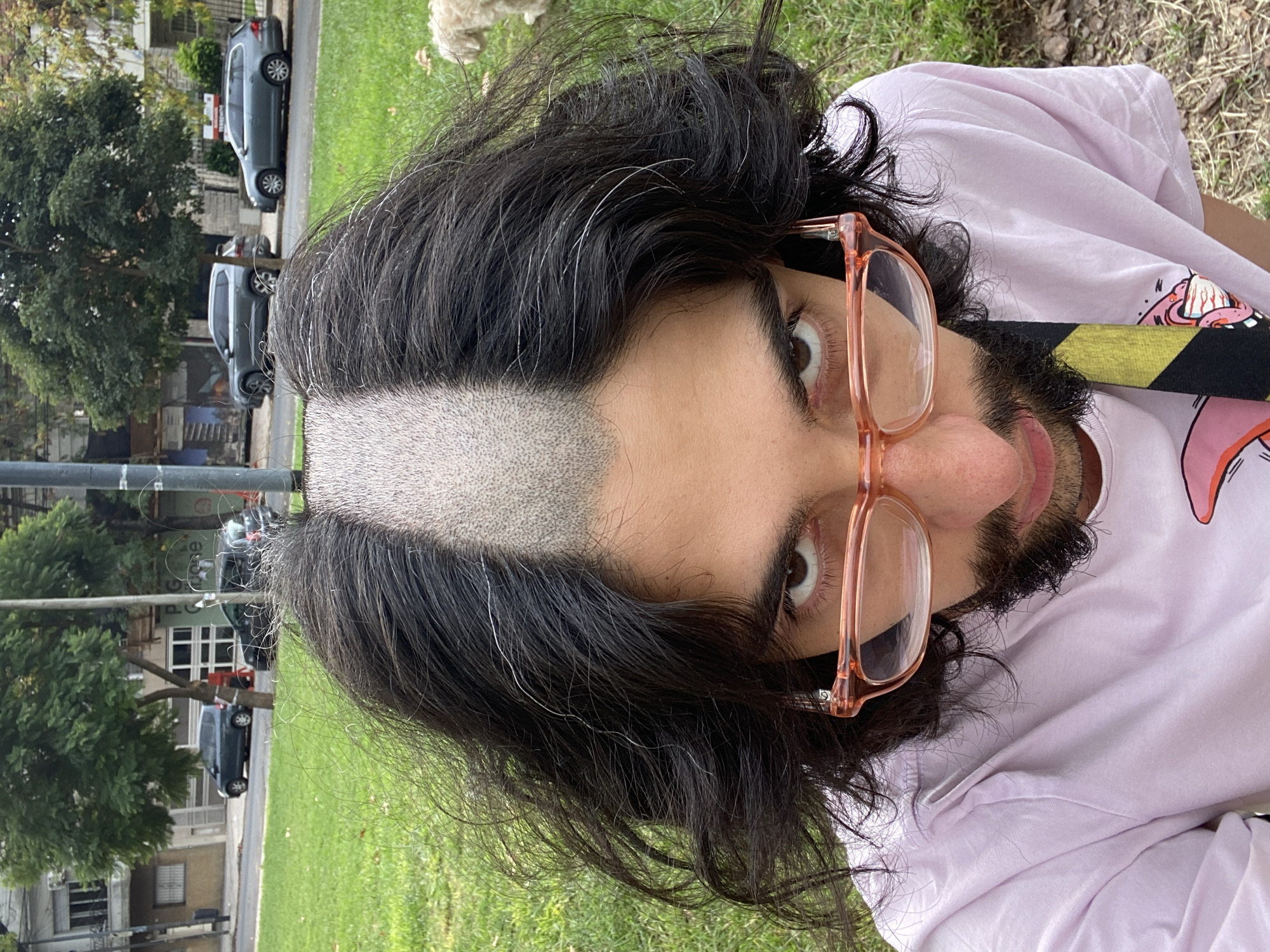 Person with mohawk relaxes on grass in Buenos Aires
