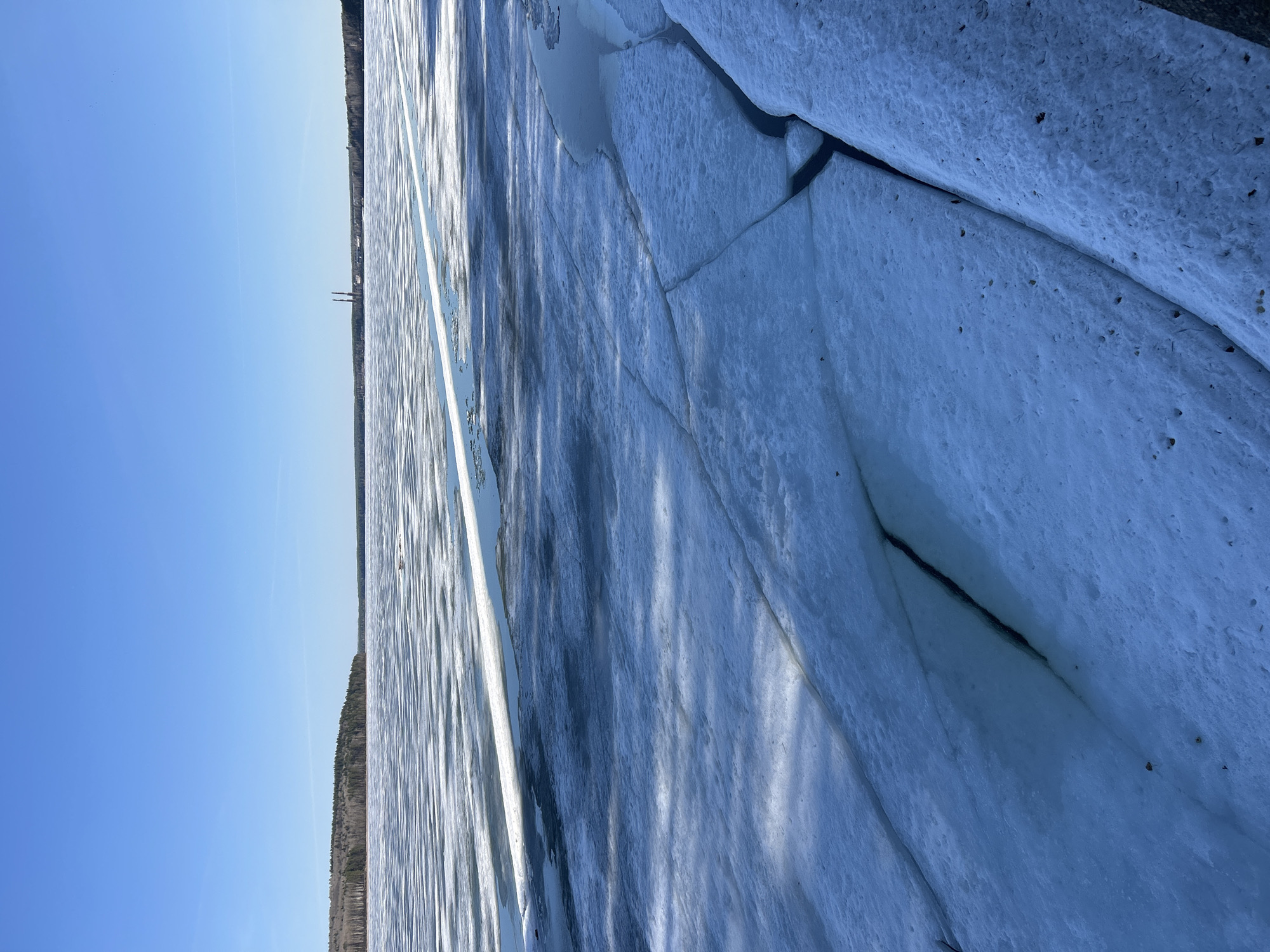 Spring day documented in Chaikovsky with ice breakup, clear skies