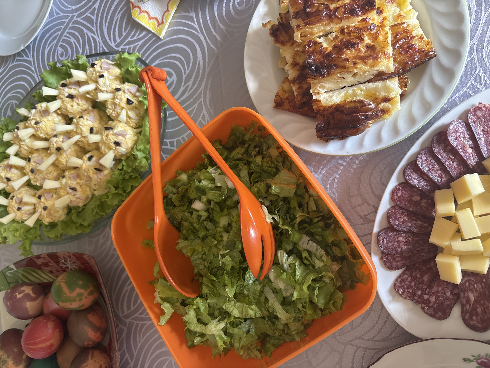 Easter meal with traditional colored eggs observed in Bulgaria